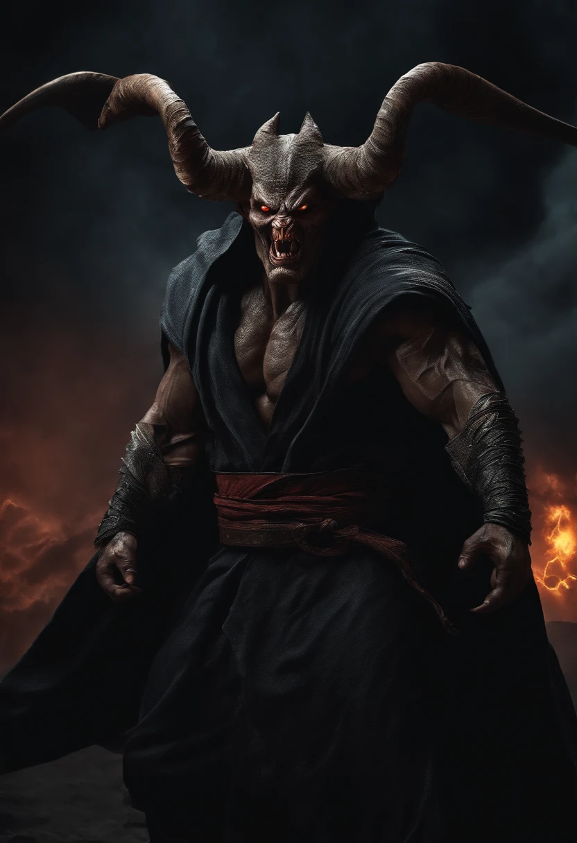(best quality,4k,8k,highres,masterpiece:1.2),ultra-detailed,extremely detailed face and body,strong and scary facial features,sharp focus,realistic lighting,monster wearing a jiu-jitsu kimono,huge and muscular body,dark and eerie atmosphere,demonic eyes,evil grin,menacing presence,fierce expression,fangs,demon horns,claw-like hands,intense and vibrant colors,menacing shadows,dramatic pose,monster in a menacing stance,creepy background,twisted and distorted scenery,dark clouds and lightning,subtle smoke effects,deep shadows,horror elements,macabre art style.