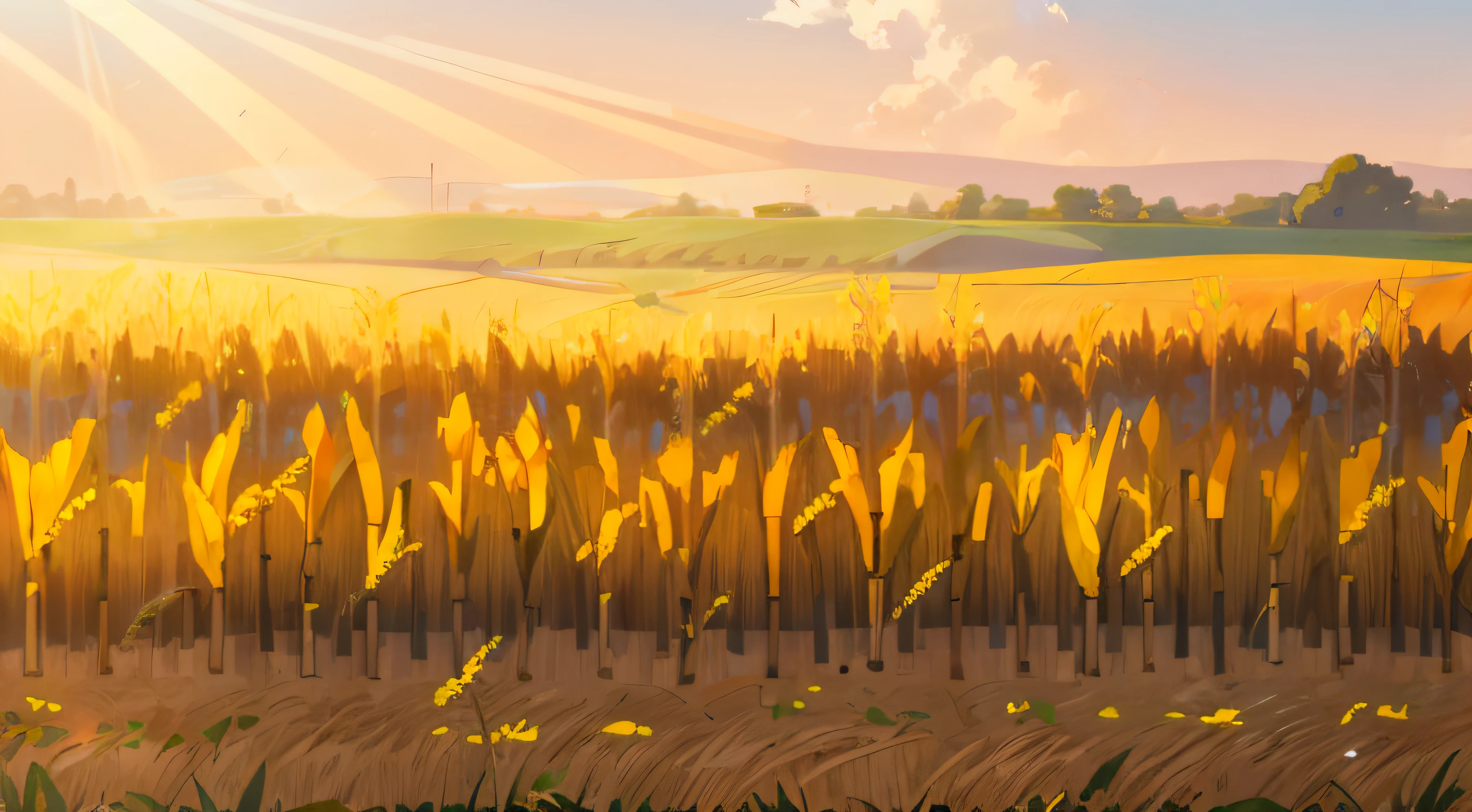 Cartoon cornfield with sunlight as background, field background, farm field background, scene: A cracked land scene,Staggered corn stalks, farm background, tall corn in the foreground, rows of lush crops, immaculate rows of crops, anime countryside landscape, Farming, in field high resolution, detailed fields nature, hd illustration, field of flowers background, Flat illustration