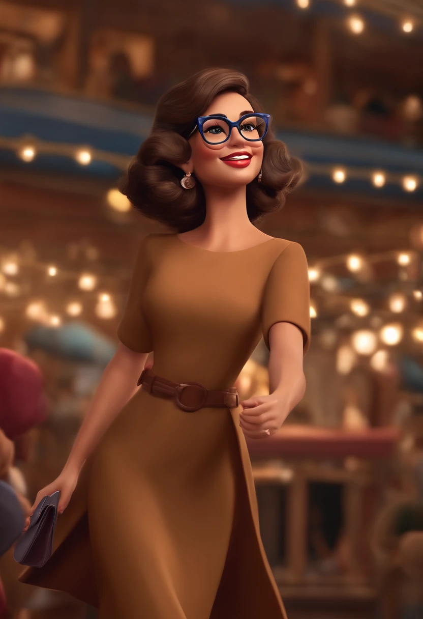 "(best quality,ultra-detalhado,Realistic:1.37),3D rendering,illustration,design de personagens,cabelos curtos,lisos e escuros,belos olhos detalhados,Wearing brown glasses,Estilo Pixar,morena mulher,dancing on the Disney stage with shopping bags in her hands and royal blue blouse, atmosfera animada,vivid colors,luzes de palco,expression joyful"