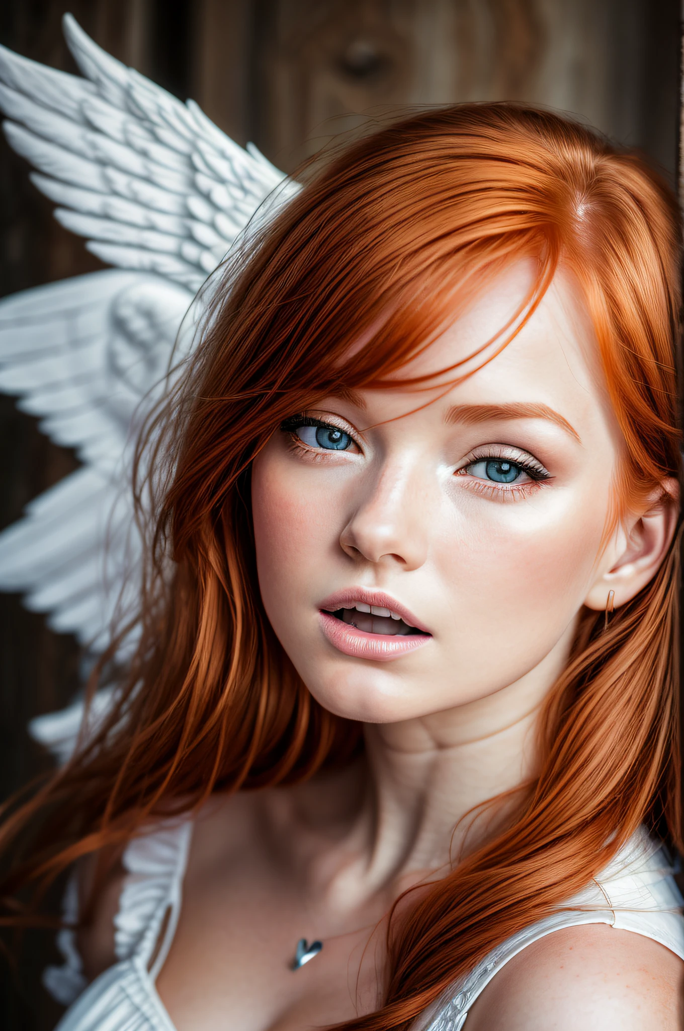 (((Rousse))) ((top view)) a portrait photograph of a beautiful (young) woman, witrh ((heart shape pupil)) and send an air ((kiss)) , award winning photo, best quality, portrait by annie leibovitz, canon 5d mark ii, film, professional photograph, (rich colors:1.1), hyper realistic, lifelike texture, (natural lighting:1.1), (Canon EF 85mm f/1.4L IS USM) ((open mouth)) ((angel)) (top view)