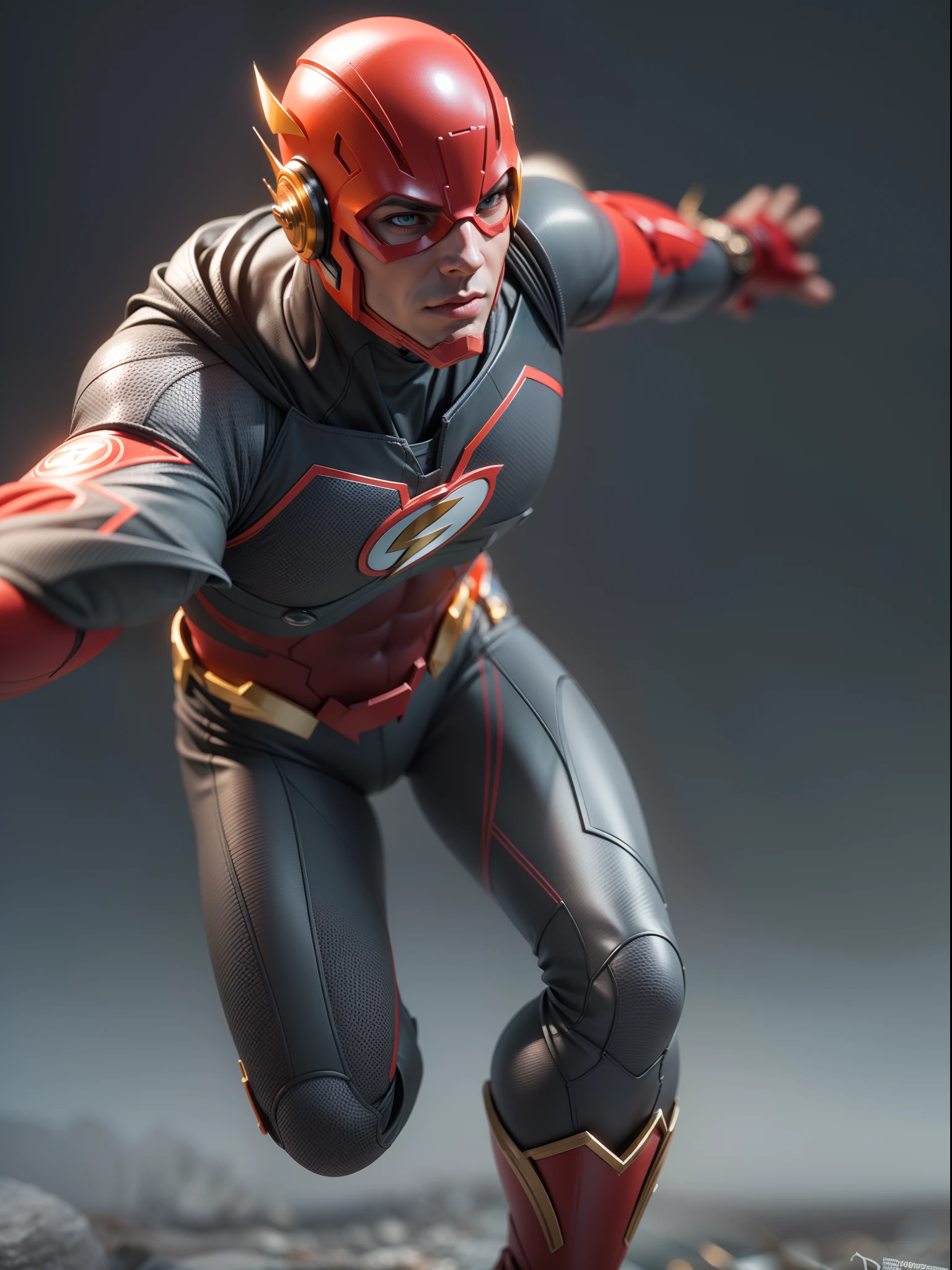undala s holding a thick lightning bolt, red long cool superhero , lightning in eyes, running high into the sky on the right and left of his head there  are white wings, his head is wearing a red mask, lots of lightning, in the background there are skycapers and  rock