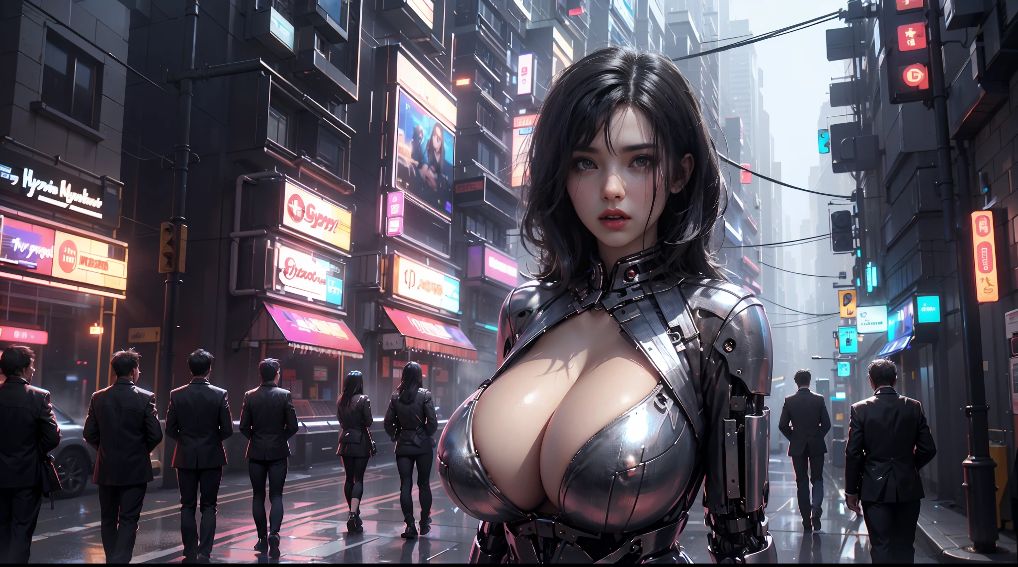 (3D realistic), gigantic cleavage breasts, (Shiny black hair),Half-human, half-machine, (cleavage), Slim and sexy body, hyper HD, 8K,dramatics,(Mid-range portrait),The city of the future,street corner,the night,Sateen,volume fog,steamy