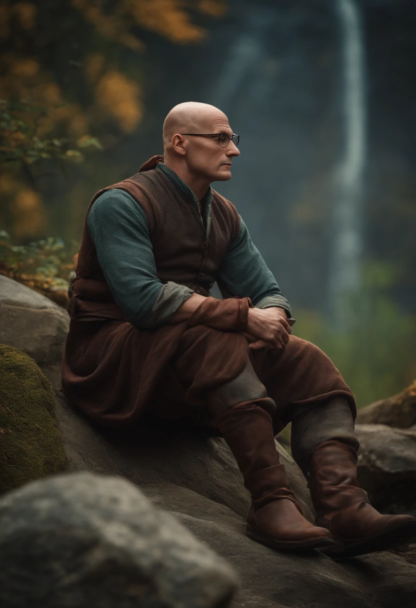 Bald man with glasses sitting body middle muscle, Sitting on a rock in the Middle Ages. Estilo Pixar