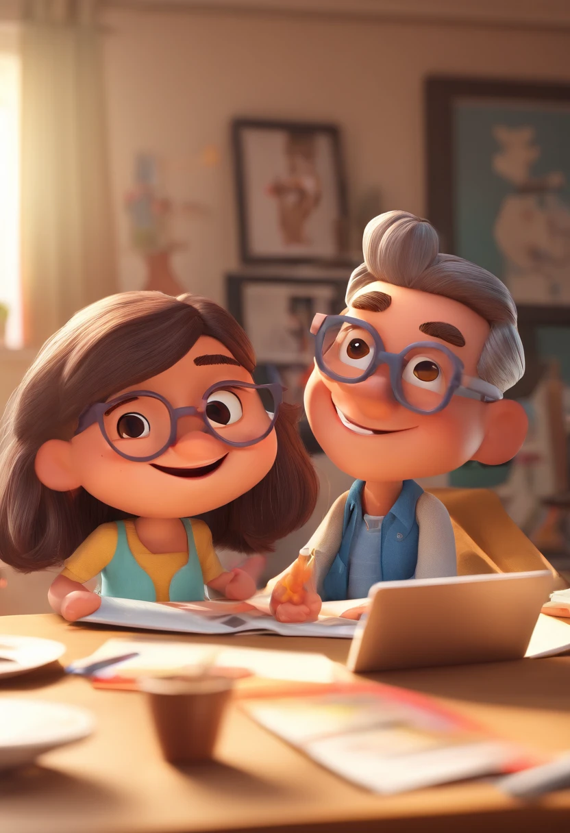 An illustration of an adorable grandfather, Chubby white man with glasses smiling and a brunette woman with beautiful expressive eyes - man's skin is mulatto and man's hair haswhile woman's skin is black and woman's hair is straight and brown. They are a bright room, cada um com um sorriso no rosto, e compartilhar um momento especial caracterizado pelo amor, Insights. Illustrate this scene from a perspective where they are facing the camera, Smiling and Showing Your Connection. Desenvolva esta arte em Full HD, Focus on your cinematic touch, Estilo Disney Pixar Animations
