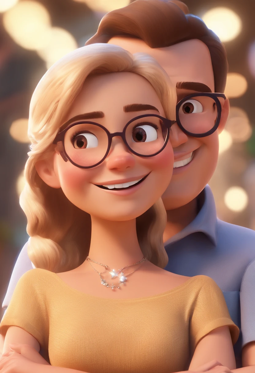 An illustration of an adorable grandfather, Chubby white man with glasses smiling and a brunette woman with beautiful expressive eyes - man's skin is mulatto and man's hair haswhile woman's skin is black and woman's hair is straight and brown. They are a bright room, cada um com um sorriso no rosto, e compartilhar um momento especial caracterizado pelo amor, Insights. Illustrate this scene from a perspective where they are facing the camera, Smiling and Showing Your Connection. Desenvolva esta arte em Full HD, Focus on your cinematic touch, Estilo Disney Pixar Animations