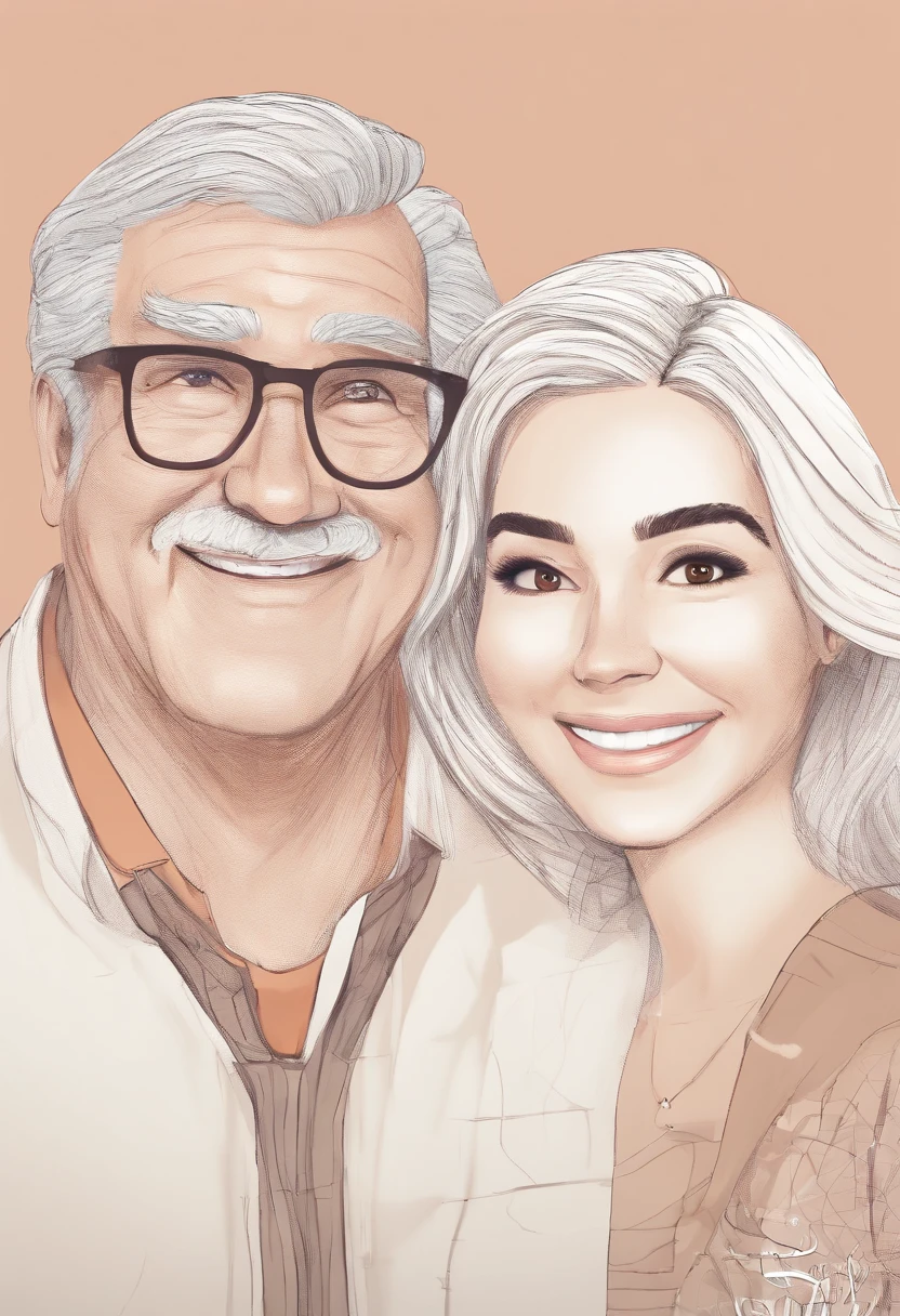 An illustration of an adorable grandfather, Chubby white man with glasses smiling and a brunette woman with beautiful expressive eyes - man's skin is mulatto and man's hair haswhile woman's skin is black and woman's hair is straight and brown. They are a bright room, cada um com um sorriso no rosto, e compartilhar um momento especial caracterizado pelo amor, Insights. Illustrate this scene from a perspective where they are facing the camera, Smiling and Showing Your Connection. Desenvolva esta arte em Full HD, Focus on your cinematic touch, Estilo Disney Pixar Animations