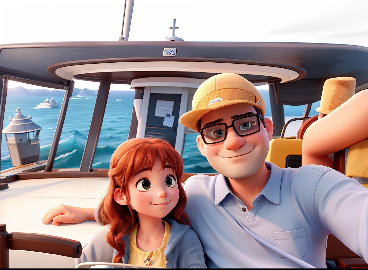 An extremely quality image where the father and the daughter are sitting on the boat on the high seas