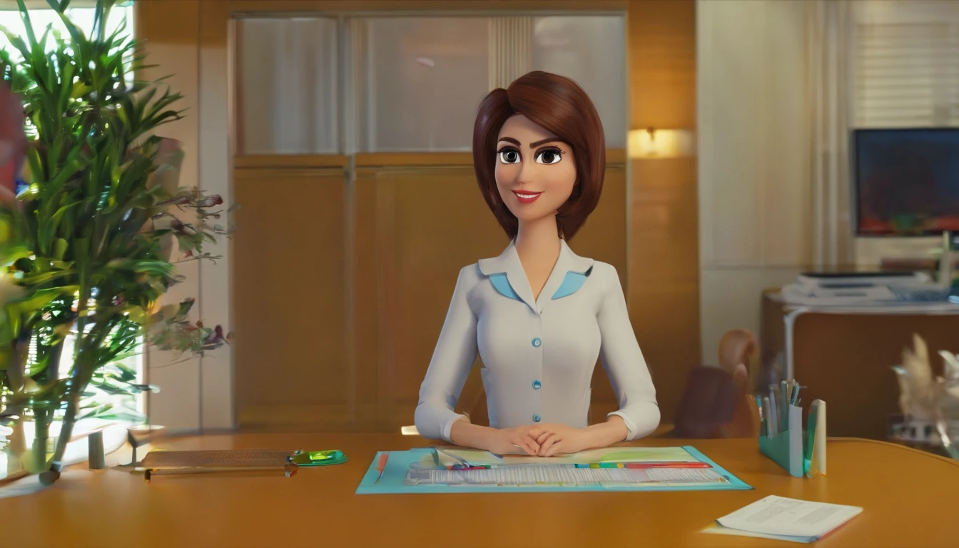 criativo, mulher 35 anos sorriso com cabelo loiro com castanho, curto e liso, Brown eyes working in your design office, business woman, chefe, branca, cabelo de lado, mesa de escritorio, Annotation Pen, roupa social