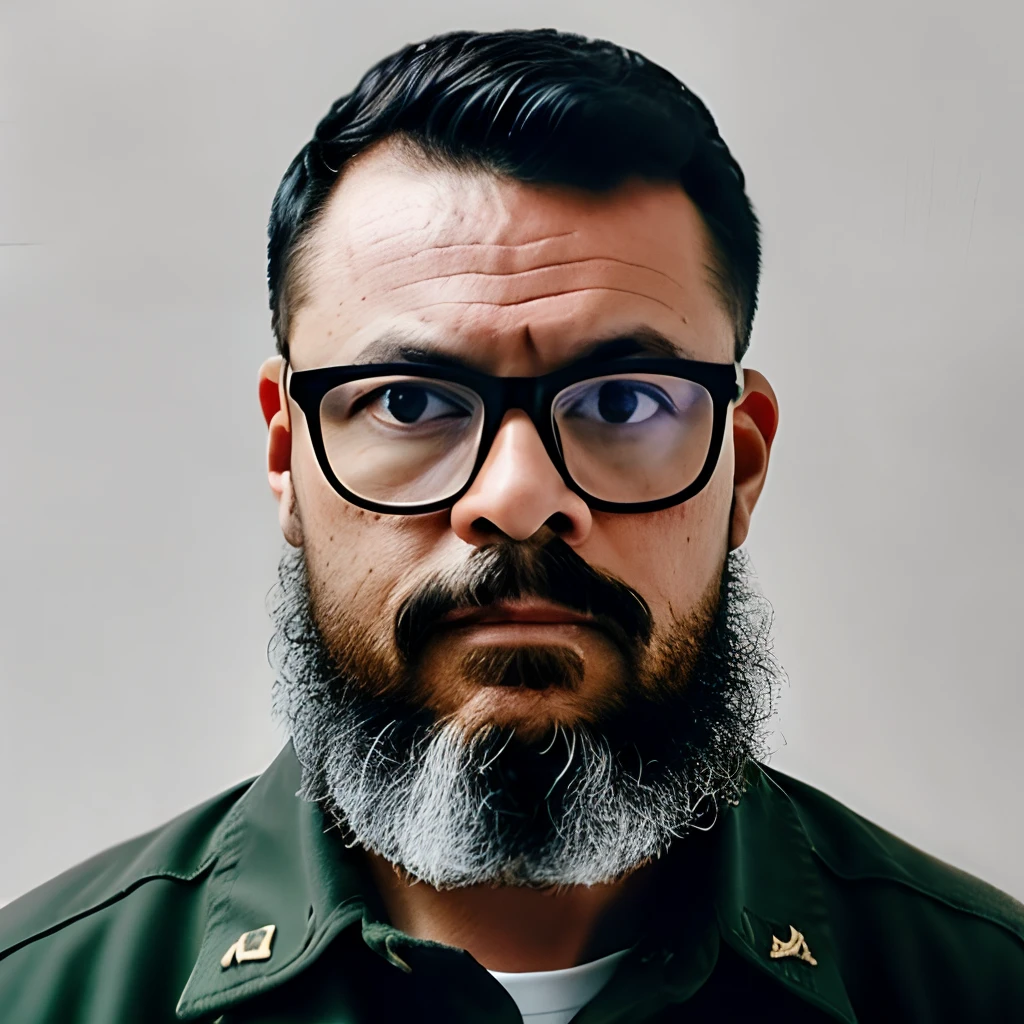 Create a detailed and realistic front-facing portrait, capturing the shoulders and head of a man with glasses, a lumberjack beard, dark brown eyes, and black military-style haircut. He will be wearing a flannel checkered shirt with a white T-shirt underneath. The background will feature a predominantly black backdrop with gray and white smudges, and the lighting will be soft, emphasizing the intricacies of the portrait.