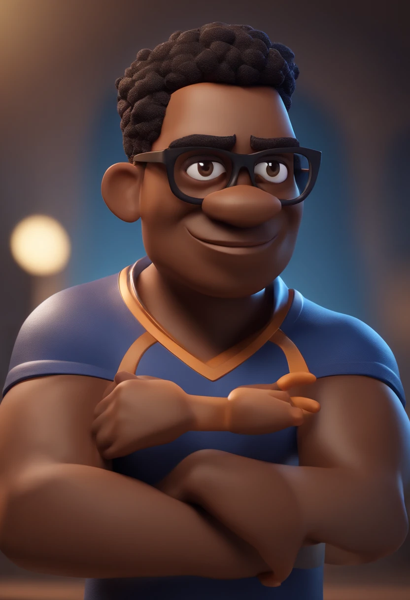 Cartoon character of a black man with black glasses, cabelo cacheado marrom escuro e uma camisa azul, animation character, Caractere estilizado, animation style rendering, 3D estilizado, Arnold Maya render, 3 d render stylized, toon render keyshot, Personagem 3D, Personagem 3D, 3d rendering stylized, 3 d character render, personagem de desenho animado, Personagem de close up, Pose de personagem, (Estilo Pixar) (master part:1.2) (Bokeh) (best quality) (pele detalhada) (textura detalhada) (8k) (argila) (Cinematic lighting) (foco nítido