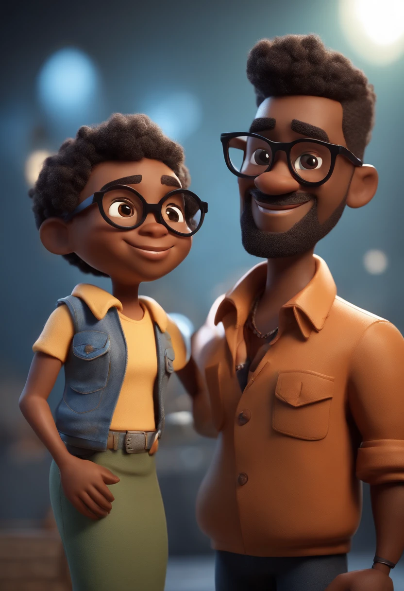 Cartoon character of a black man with black glasses, cabelo cacheado marrom escuro e uma camisa azul, animation character, Caractere estilizado, animation style rendering, 3D estilizado, Arnold Maya render, 3 d render stylized, toon render keyshot, Personagem 3D, Personagem 3D, 3d rendering stylized, 3 d character render, personagem de desenho animado, Personagem de close up, Pose de personagem, (Estilo Pixar) (master part:1.2) (Bokeh) (best quality) (pele detalhada) (textura detalhada) (8k) (argila) (Cinematic lighting) (foco nítido