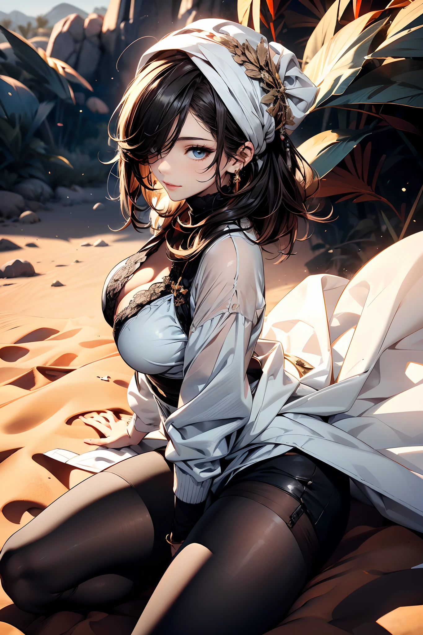 a matured woman with long black hair and a white outfit, (in a desert:1.5), (resting in oasis:1.2, opening legs:1.2, cross-legged, in front of lakeside:1.2), Arabic, (Post apocalyptic:0.0), from arknights, artwork in the style of guweiz, bodyesbian, fine details. girls frontline, beautiful anime illustration, from girls frontline, by Yang J, stunning, 26 years old, (milf:1.3), (solo:1.5), (sfw:1.25), sagging breast, large breasts, big tits, thin waist, big ass, Raised sexy, (dark mahogany medium short hair, updo, hair over one eye, asymmetric hair, Carly hair, low tied),(musulman, white Headscarfs, hair bands, head vandage, Turban), (ultra high resolution, 8K RAW photo, photo realistics, weak outline:1.3, clear focus), best qualtiy, natural lighting, blurry back ground, field depth, (Bright pupils, detailed beautiful eyes, high detailed face), Red lip, looking away, (dynamic angle, from front, crotch focus:1.3, from above), dynamic posing, sexy posing, seductive smiling, center image, (wearing white long jacket and clothes, wearing white robes, platinum ornaments, rolling white clothes around waist, camel-brown long leather boots, translucent lace pantyhose), ((correct anatomy:1.5)), ((outdoor:1.2)),