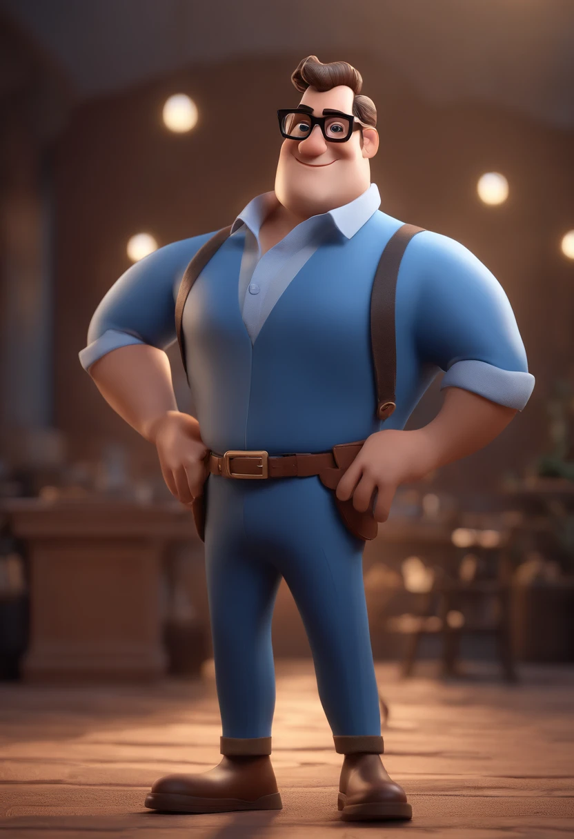 Cartoon character of a man with black glasses and a blue shirt, animation character, Caractere estilizado, animation style rendering, 3D estilizado, Arnold Maya render, 3 d render stylized, toon render keyshot, Personagem 3D, Personagem 3D, 3d rendering stylized, 3 d character render, personagem de desenho animado, Personagem de close up, Pose de personagem,  (Estilo Pixar) (master part:1.2) (Bokeh) (best quality) (pele detalhada) (textura detalhada) (8k) (argila) (Cinematic lighting) (foco nítido