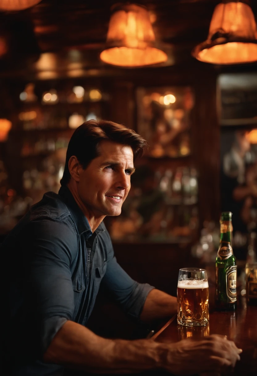 Tom Cruise bebendo cerveja com Mick Jager em um bar