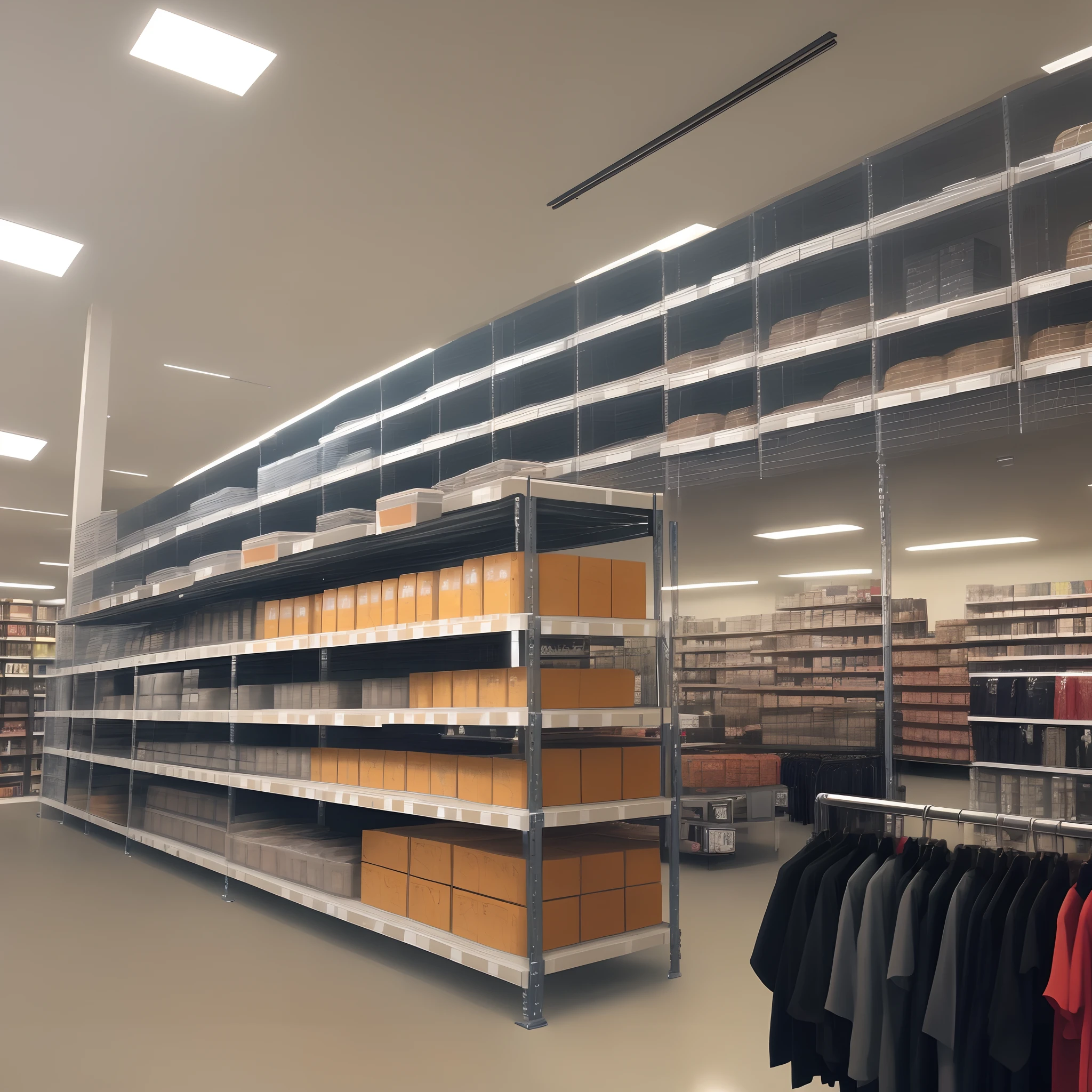 Clothing store stock with steel shelving