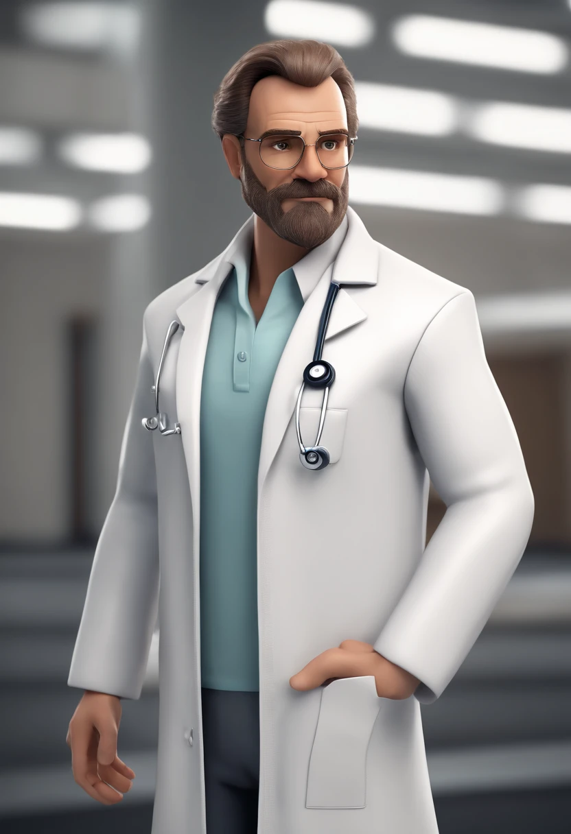 Personagem de desenho animado de um homem com cabelo branco, barba branca, acima do eso, 50 anos, wearing a doctor's lab coat, um personagem animado, Caractere estilizado, animation style rendering, 3D estilizado, Arnold Maya render, 3 d render stylized, toon render keyshot, Personagem 3D, Personagem 3D, 3d rendering stylized, 3 d character render, personagem de desenho animado, Personagem de close up, Pose de personagem, (Estilo Pixar) (master part:1.2) (Bokeh) (melhor qualidade) (pele detalhada) (textura detalhada) (8k) (argila) (Cinematic lighting) (foco nítido,Senta e vaza a parte superior do corpo