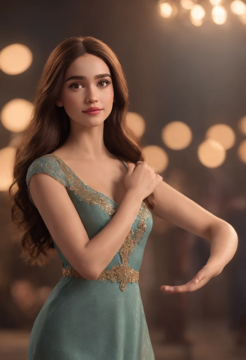 Pixar style image with 3D character brunette woman long straight hair dancing, Maquiagem Disney,Pescador, bonitinho, sorridente ,Close-up, Pixar, Disney, Cinema lighting,