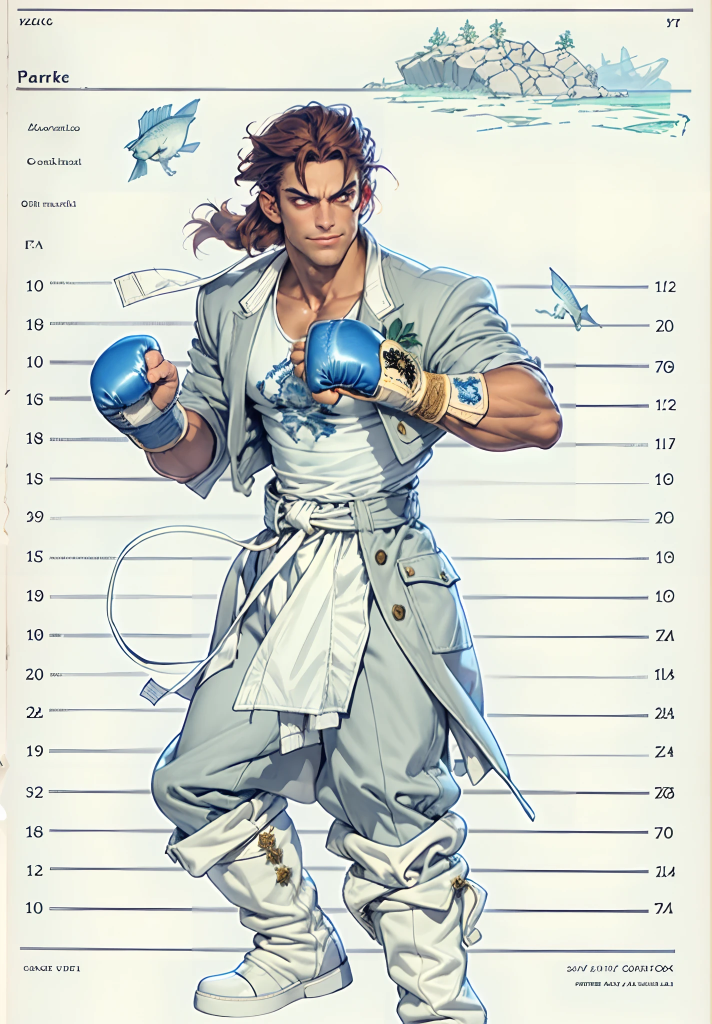 A young man, auburn hair, a center-parted back hairstyle, dark skin, narrow eyes, a cunning smile, a two-piece fantasy-reality style outfit, a white undershirt, a dark formal-style coat, wearing gloves, matching trousers with the outfit, has metallic-adorned knee-high boots, striking a boxing pose, against a background of horizon, this character embodies a finely crafted fantasy-reality style fighter in anime style, characterized by an exquisite and mature manga illustration art style, high definition, best quality, highres, ultra-detailed, ultra-fine painting, extremely delicate, professional, anatomically correct, symmetrical face, extremely detailed eyes and face, high quality eyes, creativity, RAW photo, UHD, 8k, Natural light, cinematic lighting, masterpiece-anatomy-perfect, masterpiece:1.5, tan skin