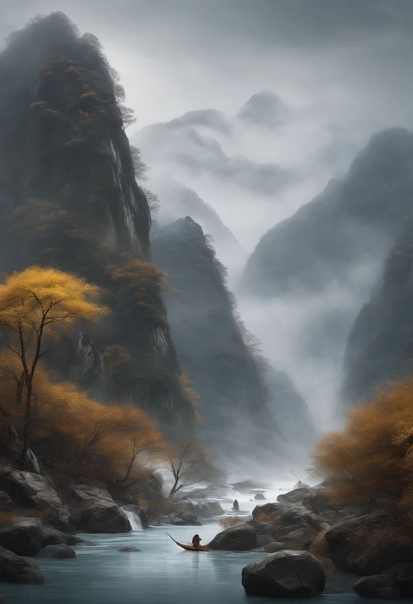 Thousands of Mountains Extinct Bamboo Raft Prospect Old Man Wearing a Bamboo Raft Fishing Ice and Snow Weather Extremely Cold Gloomy Weather Best Quality, Ultra-high resolution, 4K detailed ink flowers, Chinese painting style