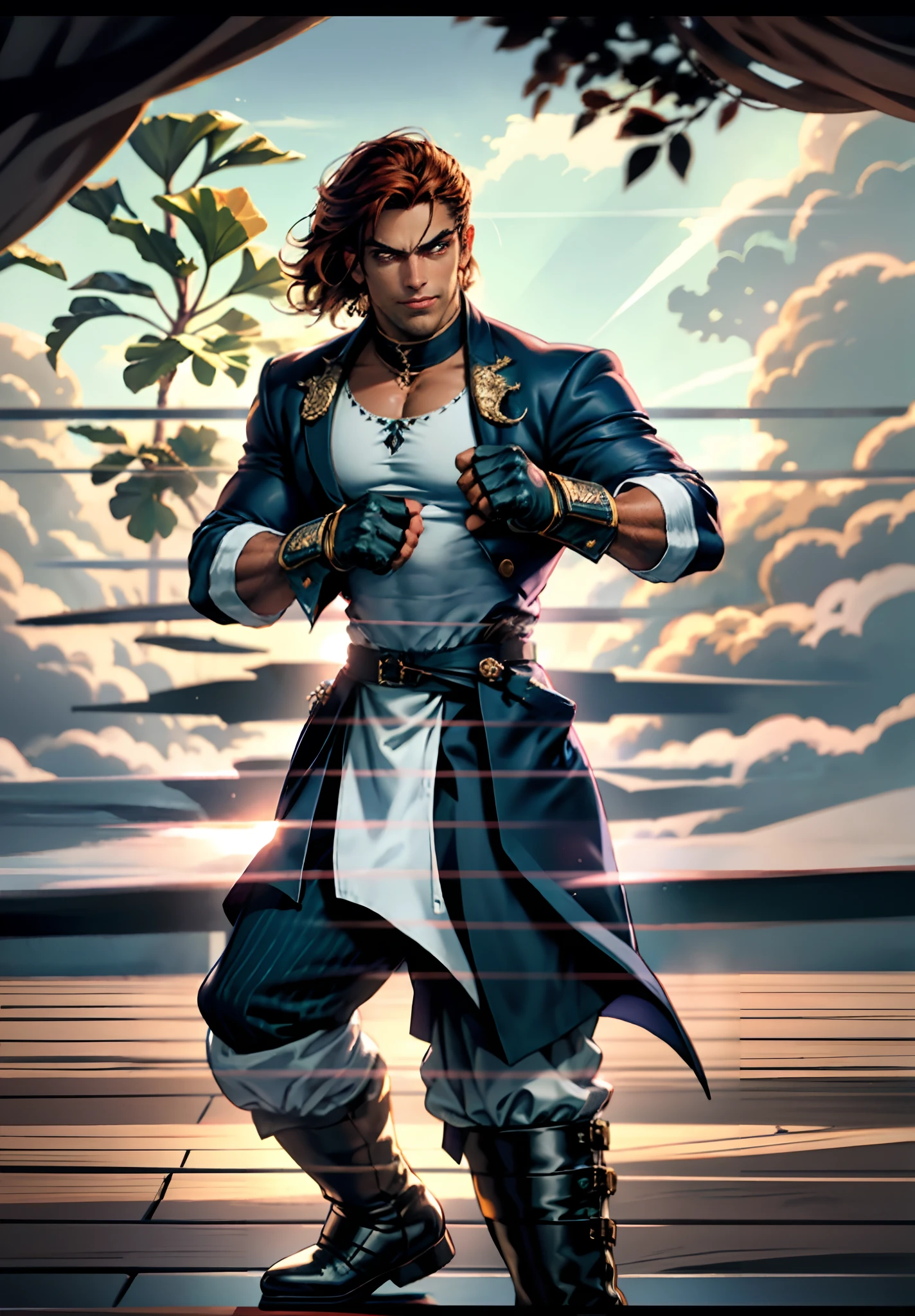 A young man, auburn hair, a center-parted back hairstyle, dark skin, narrow eyes, a cunning smile, a two-piece fantasy-reality style outfit, a white undershirt, a dark formal-style coat, wearing gloves, matching trousers with the outfit, has metallic-adorned knee-high boots, striking a boxing pose, against a background of horizon, this character embodies a finely crafted fantasy-reality style fighter in anime style, characterized by an exquisite and mature manga illustration art style, high definition, best quality, highres, ultra-detailed, ultra-fine painting, extremely delicate, professional, anatomically correct, symmetrical face, extremely detailed eyes and face, high quality eyes, creativity, RAW photo, UHD, 8k, Natural light, cinematic lighting, masterpiece-anatomy-perfect, masterpiece:1.5, tan skin