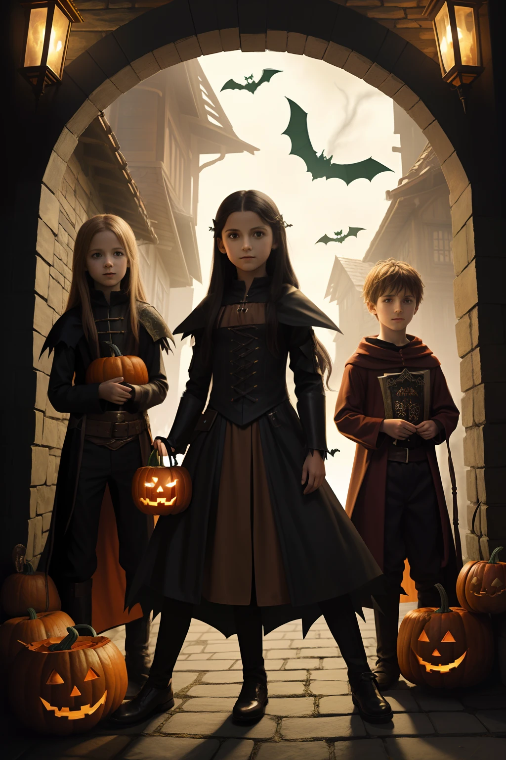 A girl with red hair and freckles, dressed as a halloween character, trick or treating in a decorated home garden at night, (best quality,4k,8k,highres,masterpiece:1.2),ultra-detailed,(realistic,photorealistic,photo-realistic:1.37),intricate details,vibrant colors,dramatic lighting,moody atmosphere,haunting,creepy,spooky,ominous,horror,supernatural,fantasy,cinematic
