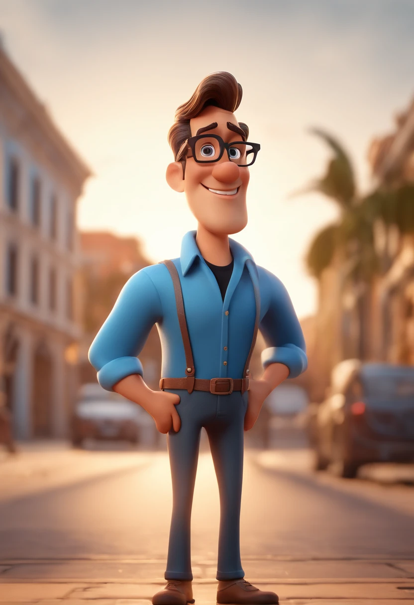 Cartoon character of a man with black glasses and a blue shirt, animation character, Caractere estilizado, animation style rendering, 3D estilizado, Arnold Maya render, 3 d render stylized, toon render keyshot, Personagem 3D, Personagem 3D, 3d rendering stylized, 3 d character render, personagem de desenho animado, Personagem de close up, Pose de personagem, (Estilo Pixar) (master part:1.2) (Bokeh) (best quality) (pele detalhada) (textura detalhada) (8k) (argila) (Cinematic lighting) (foco nítido