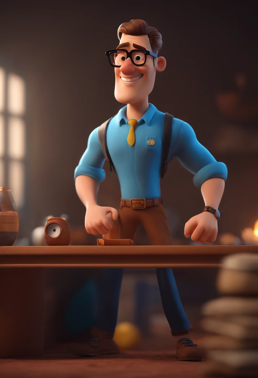 Cartoon character of a man with black glasses and a blue shirt, animation character, Caractere estilizado, animation style rendering, 3D estilizado, Arnold Maya render, 3 d render stylized, toon render keyshot, Personagem 3D, Personagem 3D, 3d rendering stylized, 3 d character render, personagem de desenho animado, Personagem de close up, Pose de personagem, (Estilo Pixar) (master part:1.2) (Bokeh) (best quality) (pele detalhada) (textura detalhada) (8k) (argila) (Cinematic lighting) (foco nítido