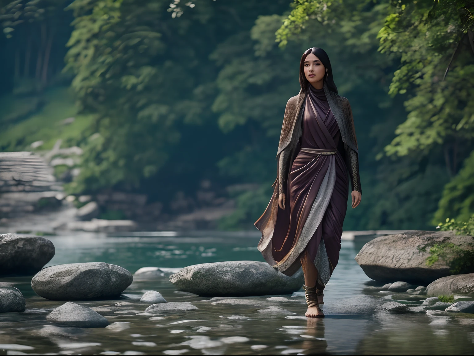 Closeup of a beautiful woman who is walking on the stones near a lake, in the style of unreal engine 5, exquisite clothing details, chuah thean teng, ferdinand toussaint, exotic, tropical, lush, villagecore, slumped/draped, style raw