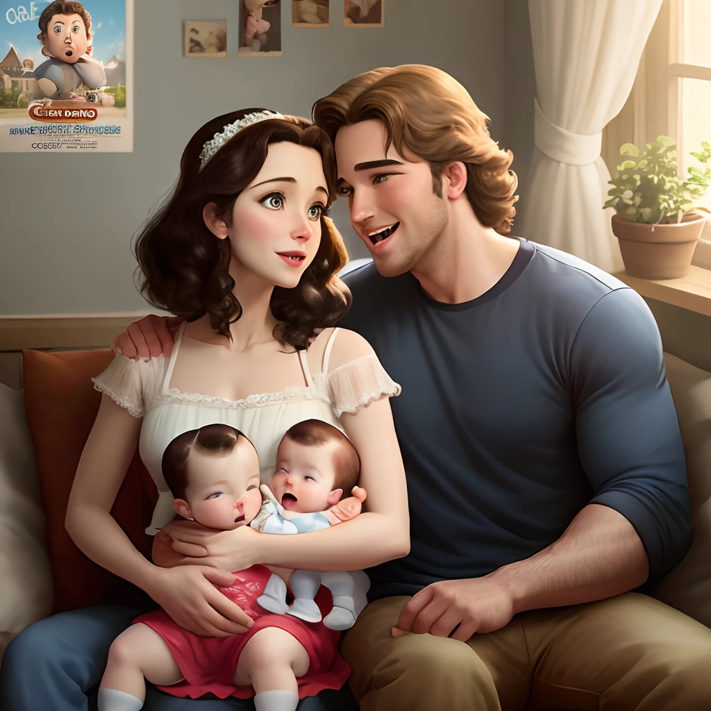 Boyfriend in white shirt holding **** dressed as snow white with girlfriend next to him, happy on baby&#39;s 1st birthday