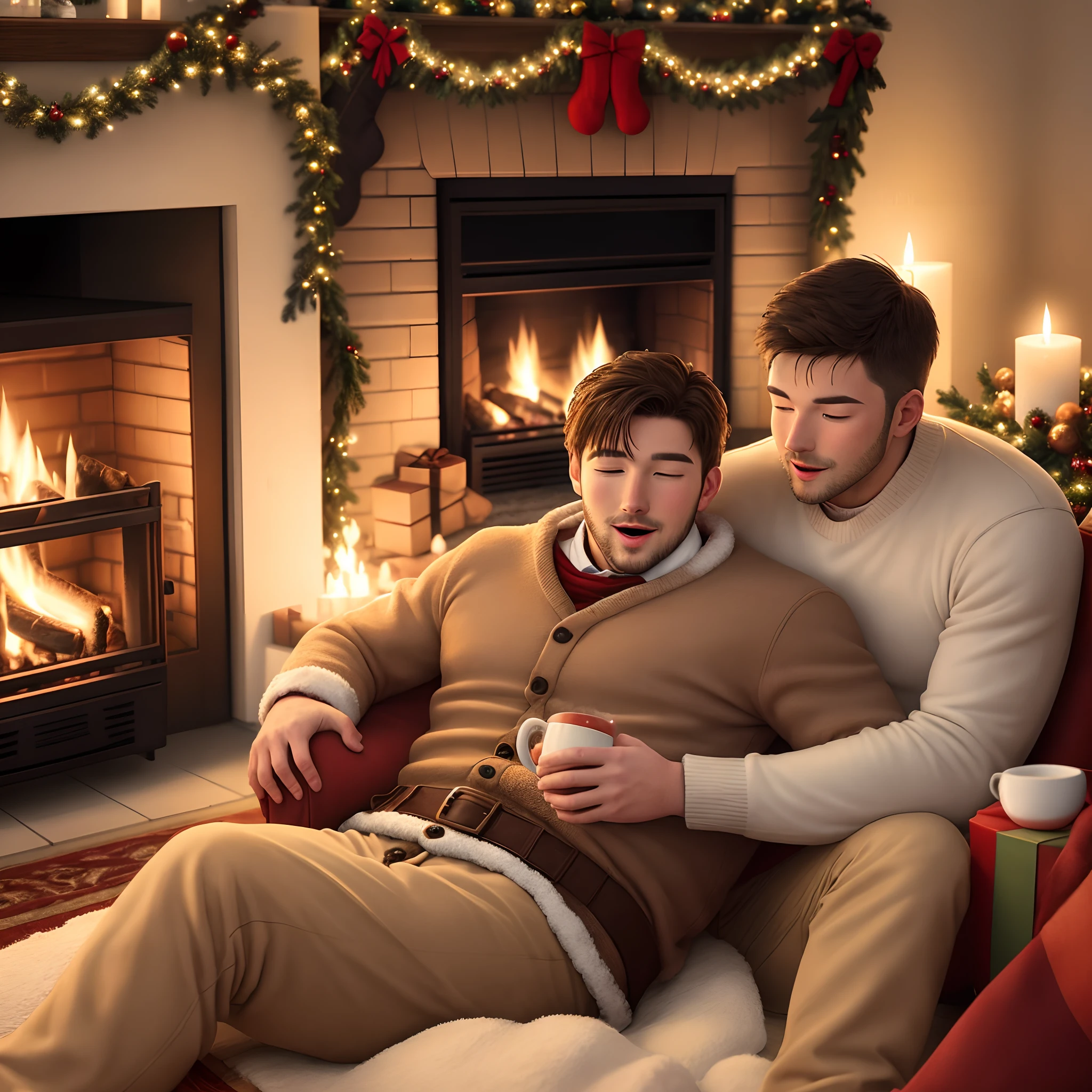 man on bear skin rug in front of fireplace at Christmas, drinking hot chocolate