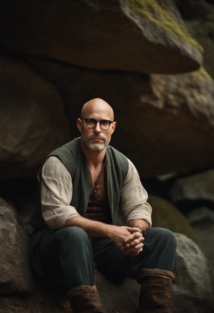 Bald man with glasses sitting middle body, 30 anos, Sitting on a rock in the Middle Ages. Estilo Pixar. Foto de rosto.