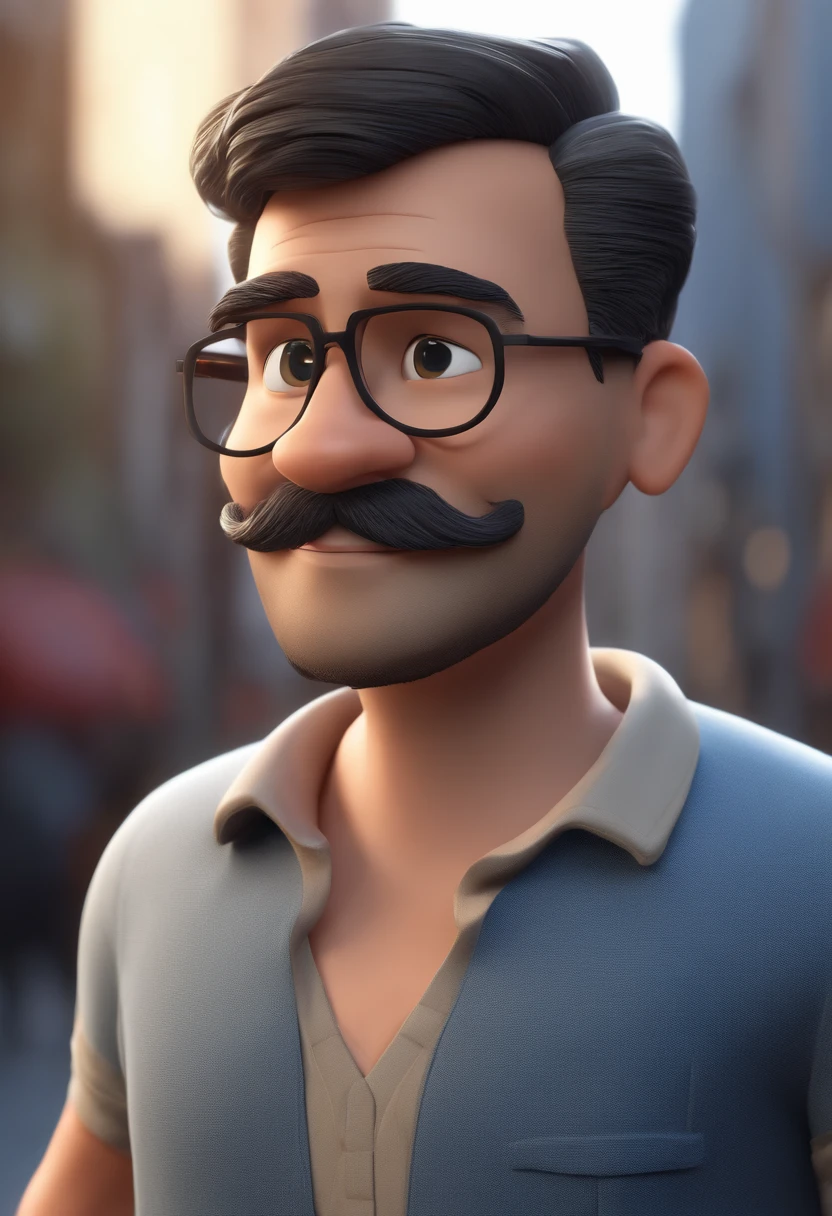 Cartoon character of a man with black glasses, short black and slightly gray hair and a blue shirt, beard also black and a little gray, Thin face and smile on face animation character, Caractere estilizado, animation style rendering, 3D estilizado, Arnold Maya render, 3 d render stylized, toon render keyshot, Personagem 3D, Personagem 3D, 3d rendering stylized, 3 d character render, personagem de desenho animado, Personagem de close up, Pose de personagem, (Estilo Pixar) (master part:1.2) (Bokeh) (best quality) (pele detalhada) (textura detalhada) (8k) (argila) (Cinematic lighting) (foco nítido