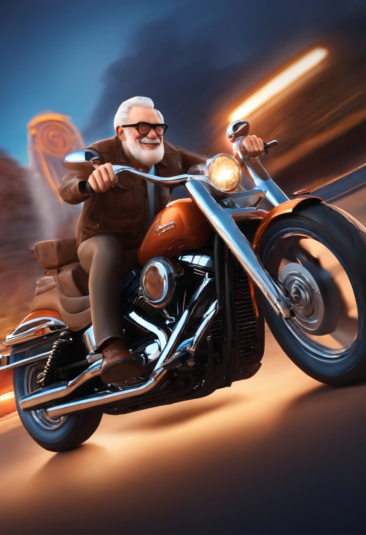 (best quality,3D rendering:1.2),elderly man with glasses piloting a Harley Davidson 883,Disney Pixar style poster, motorcycle, 3D illustration, vibrant colors, adventure, road trip, dynamic pose, excitement, youthful spirit, speed, wind blowing, detailed rendering, showcase the character's wisdom and energy, nostalgic atmosphere