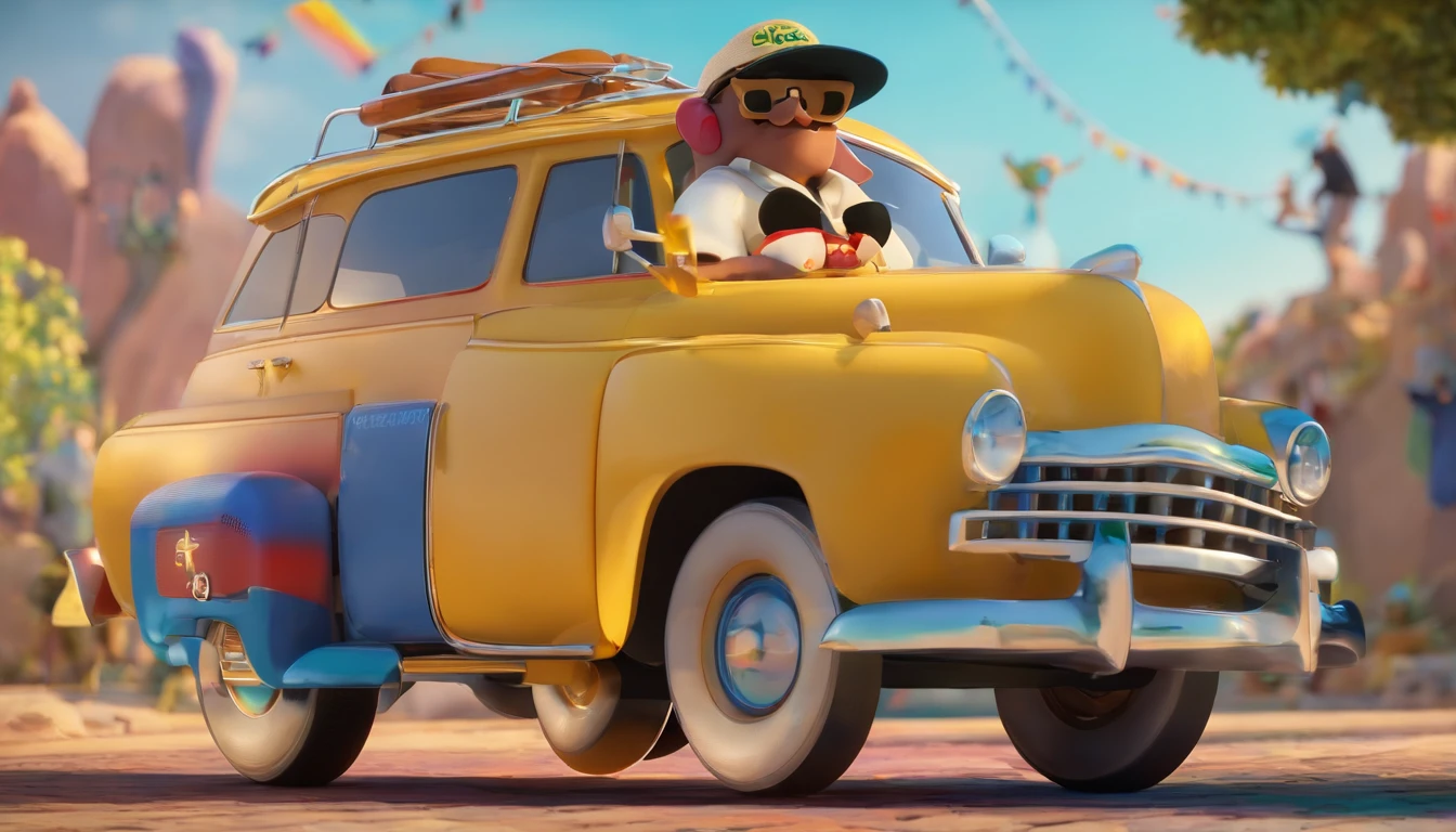 Crie um cartaz inspirado na Disney Pixar com o personagem sendo , Um homem de cabelos negros, cavanhaque, Stylish wearing sunglasses on a stage, tocando guitarra em um show de rock