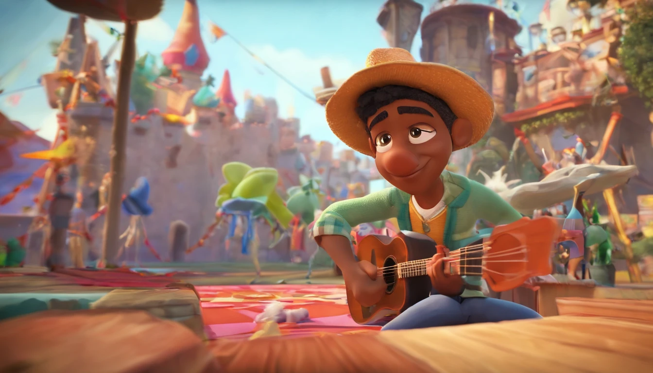 Crie um cartaz inspirado na Disney Pixar com o personagem sendo , Um homem de cabelos negros, cavanhaque, Stylish wearing sunglasses on a stage, tocando guitarra em um show de rock