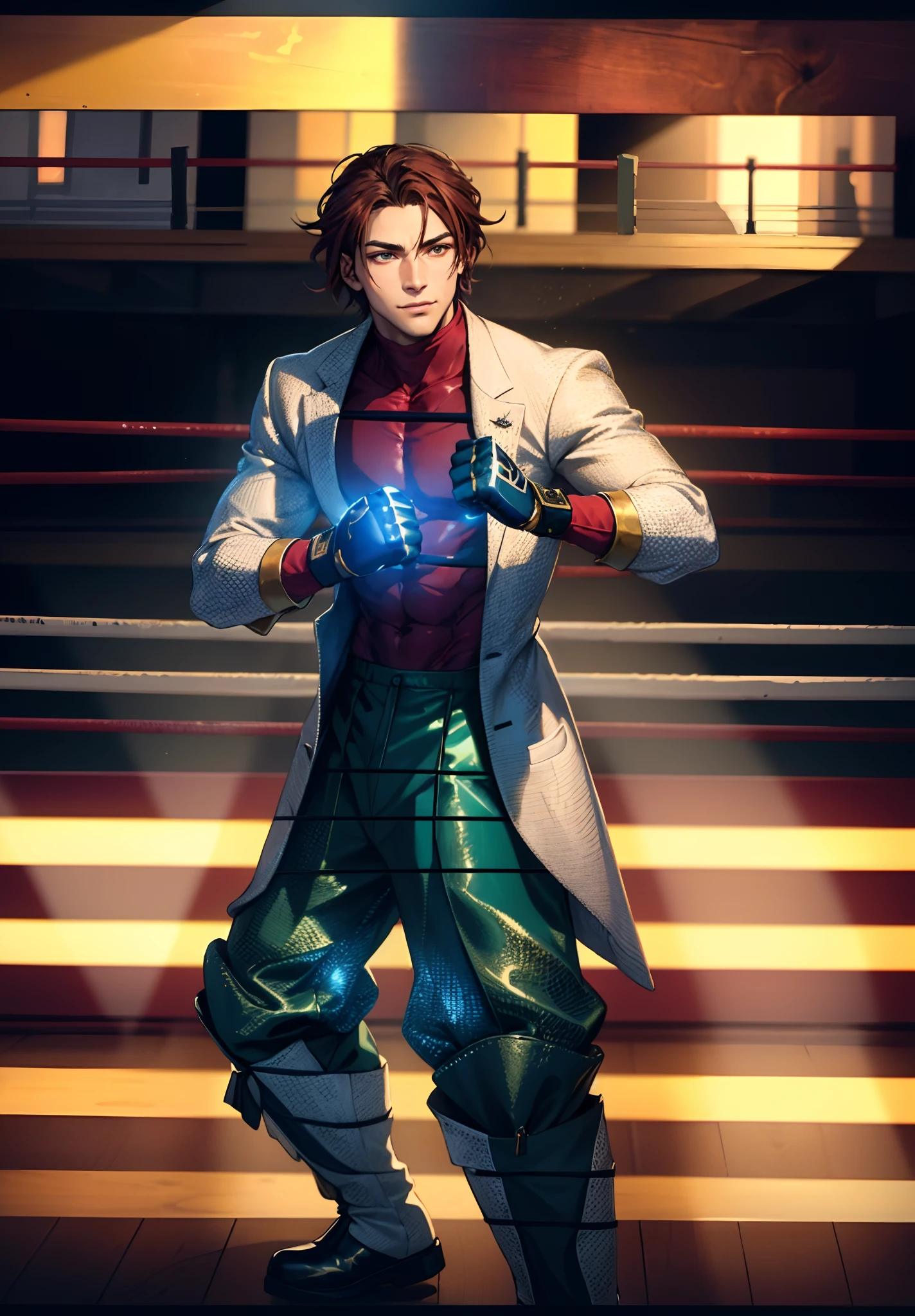 A young man, auburn hair, a center-parted back hairstyle, dark skin, narrow eyes, a cunning smile, a two-piece fantasy-reality style outfit, a white undershirt, a dark formal-style coat, wearing gloves, matching trousers with the outfit, has metallic-adorned knee-high boots, striking a boxing pose, against a background of horizon, this character embodies a finely crafted fantasy-reality style fighter in anime style, characterized by an exquisite and mature manga illustration art style, high definition, best quality, highres, ultra-detailed, ultra-fine painting, extremely delicate, professional, anatomically correct, symmetrical face, extremely detailed eyes and face, high quality eyes, creativity, RAW photo, UHD, 8k, Natural light, cinematic lighting, masterpiece-anatomy-perfect, masterpiece:1.5