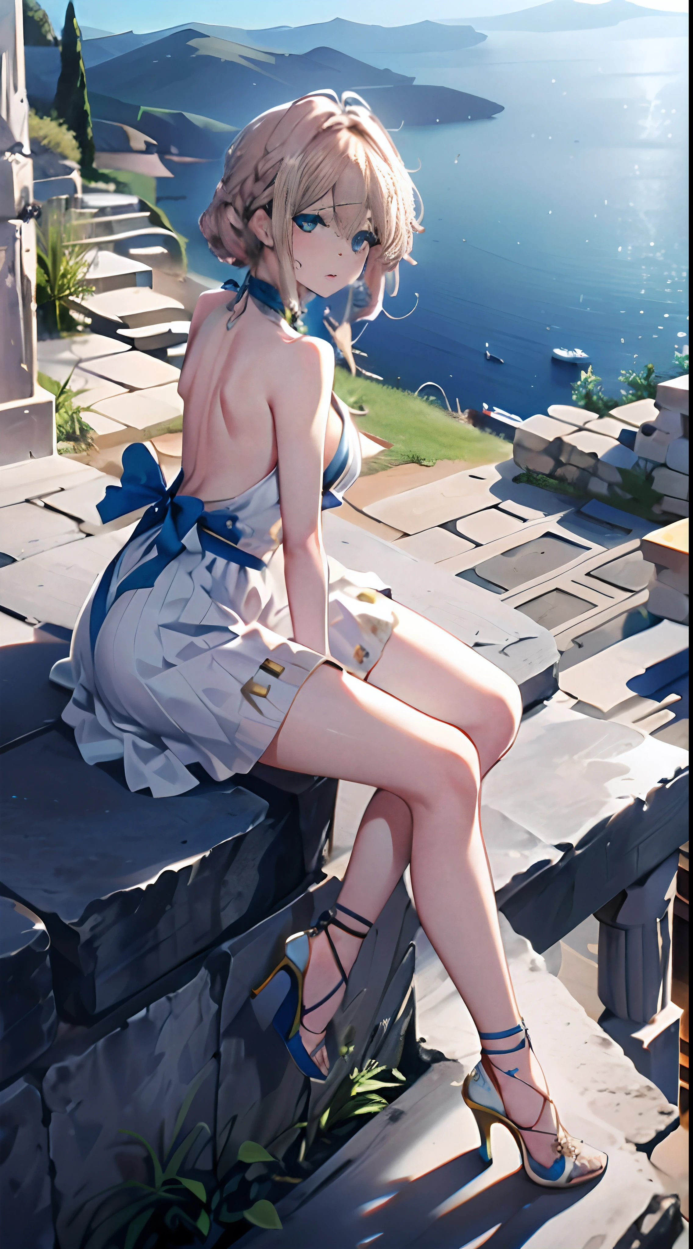Violet, 1girll, Solo, view the viewer, Blue eyes, Blonde hair, (((Greek clothes))),,((((Bare back)))),(((looking at viewert))),(((Blue sky)))(((Large breasts))),(((Light blue high heels)))