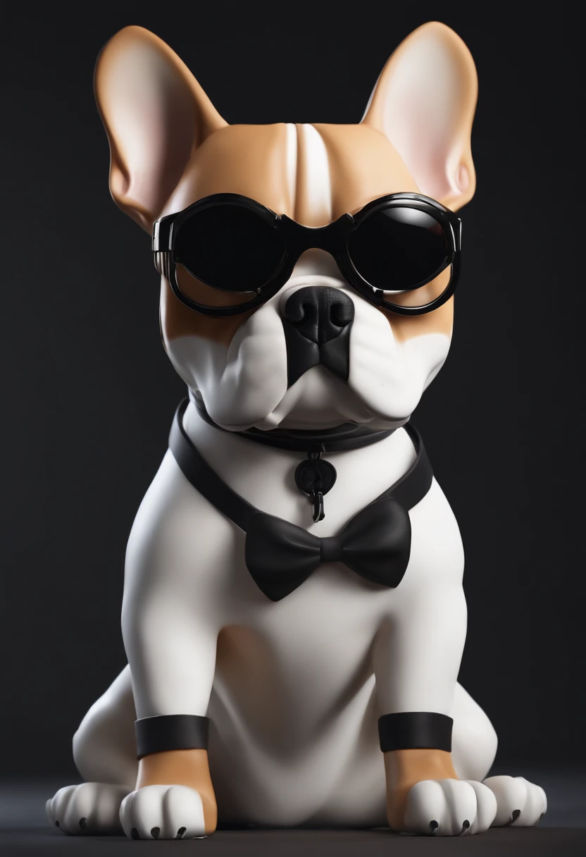 A white and caramel adult French Bulldog character with black mask in the style of the pixar studio