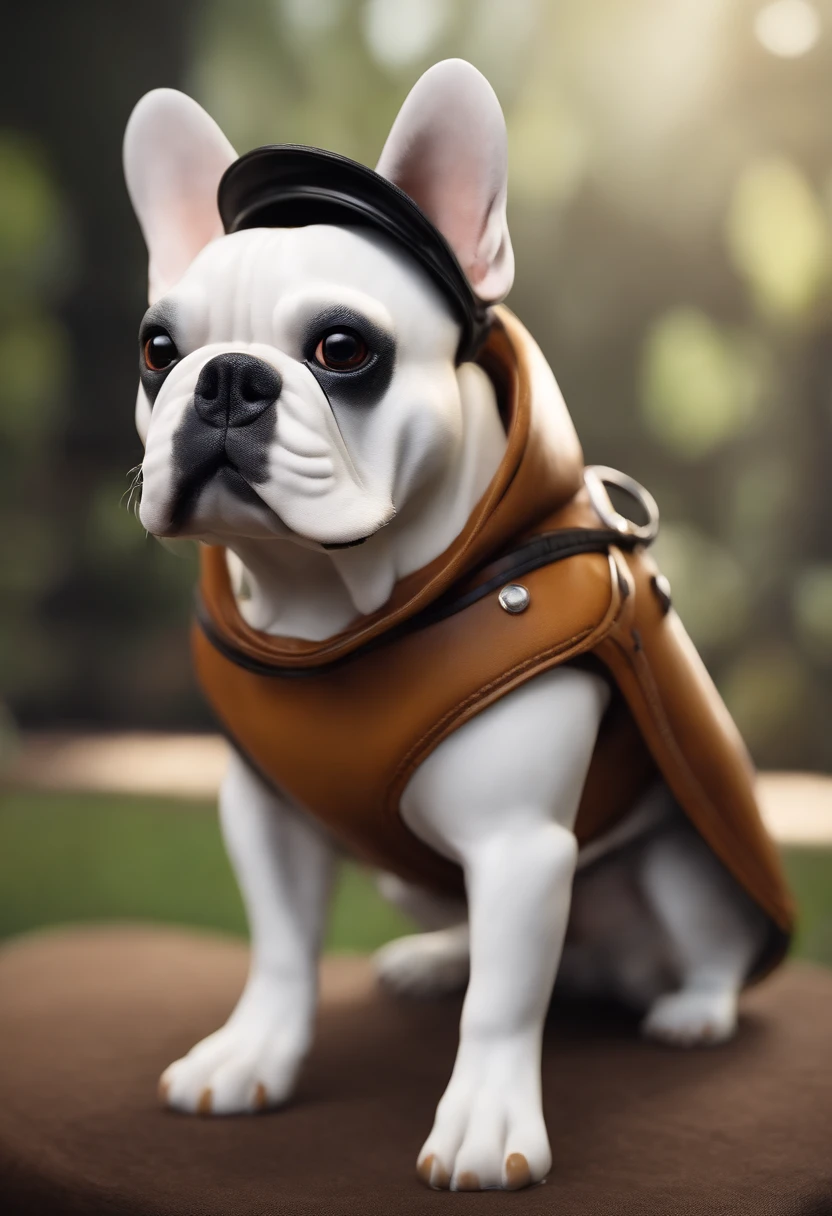 A white and caramel adult French Bulldog character with black mask in the style of the pixar studio