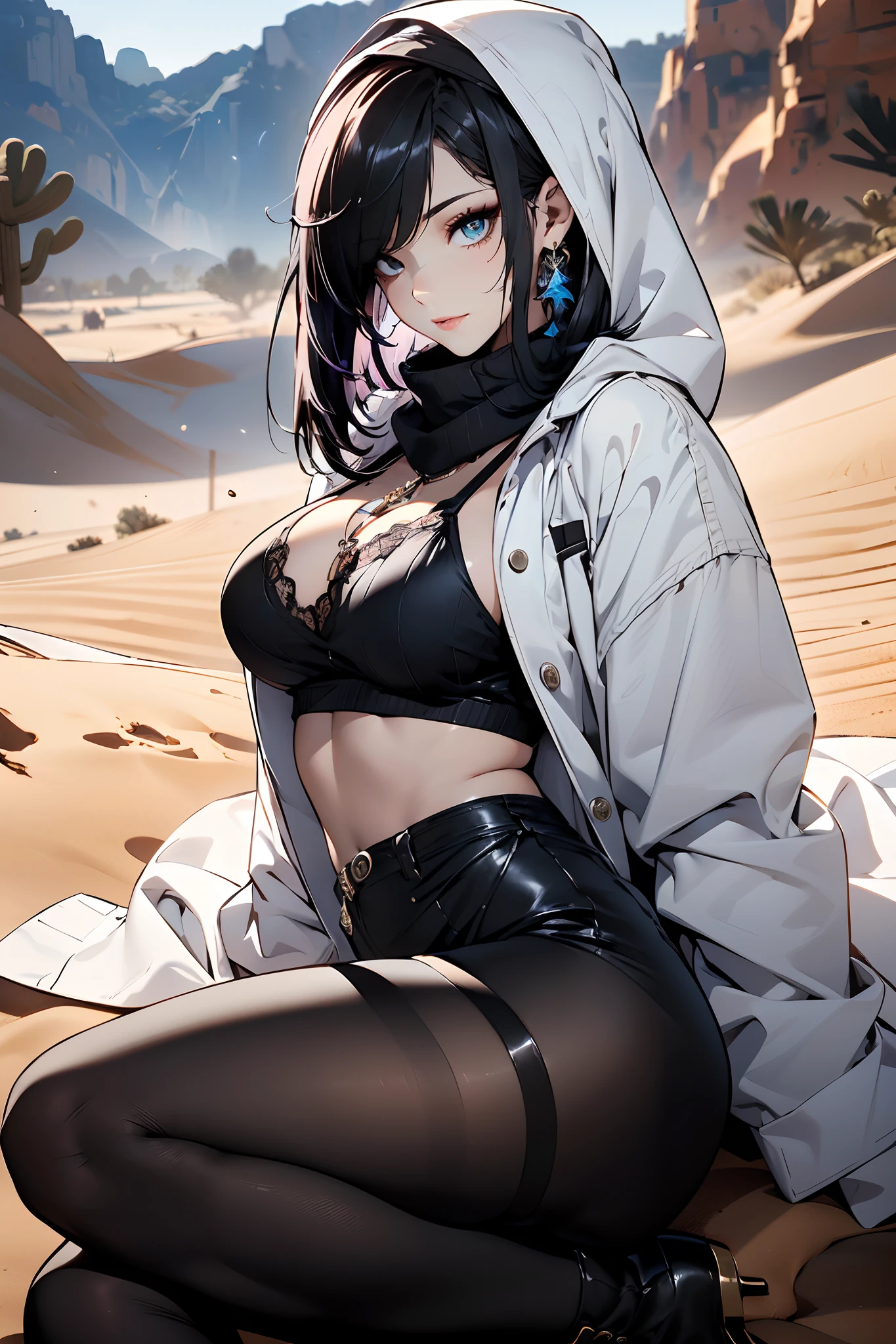 a matured woman with long black hair and a white outfit, (in a desert:1.5), (resting in oasis:1.2, with opening legs:1.2, cross-legged, in front of lakeside:1.2), Arabic, (Post apocalyptic:0.0), from arknights, artwork in the style of guweiz, bodyesbian, fine details. girls frontline, beautiful anime illustration, from girls frontline, by Yang J, stunning, 26 years old, (milf:1.3), (solo:1.5), (sfw:1.25), sagging breast, large breasts, big tits, thin waist, big ass, Raised sexy, (dark mahogany medium short hair, updo, hair over one eye, asymmetric hair, Carly hair, low tied),(musulman, white Headscarfs, hair bands, head vandage, Turban), (ultra high resolution, 8K RAW photo, photo realistics, weak outline:1.3, clear focus), best qualtiy, natural lighting, blurry back ground, field depth, (Bright pupils, detailed beautiful eyes, high detailed face), Red lip, looking away, (dynamic angle, from front, crotch focus:1.3, from above), dynamic posing, sexy posing, seductive smiling, center image, (wearing white long jacket and clothes, wearing white robes, platinum ornaments, rolling white clothes around waist, camel-brown long leather boots, translucent lace pantyhose), ((correct anatomy:1.5)), ((outdoor:1.2)),