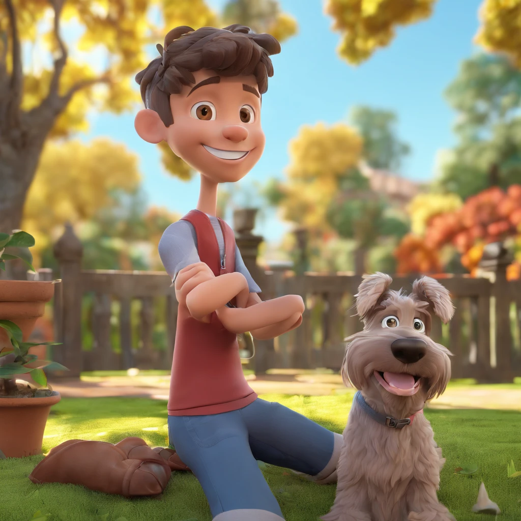 Lucas is a smiling -yeld hu boy, com seu fiel amigo, Bolt, o cachorro schnauzer, deitados no jardim