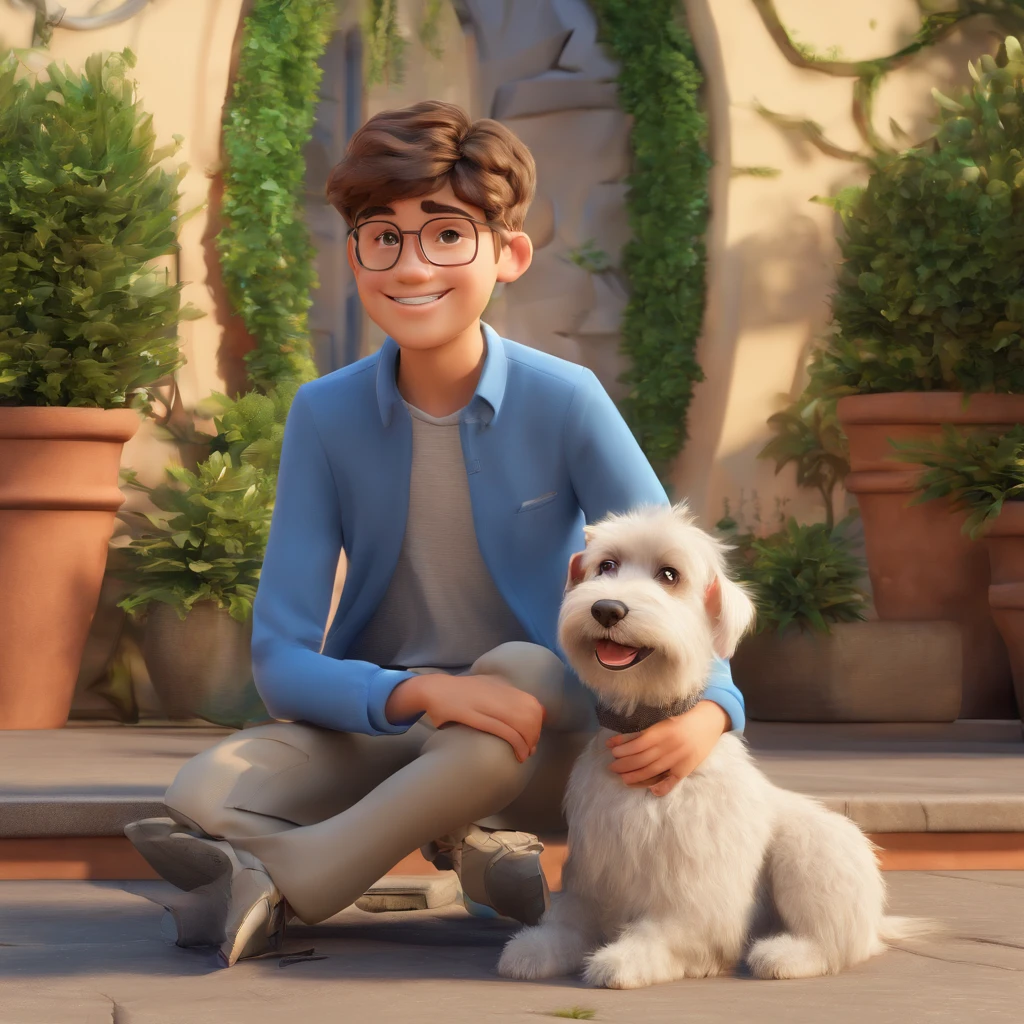 Lucas is a smiling -yeld hu boy, com seu fiel amigo, Bolt, o cachorro schnauzer, deitados no jardim