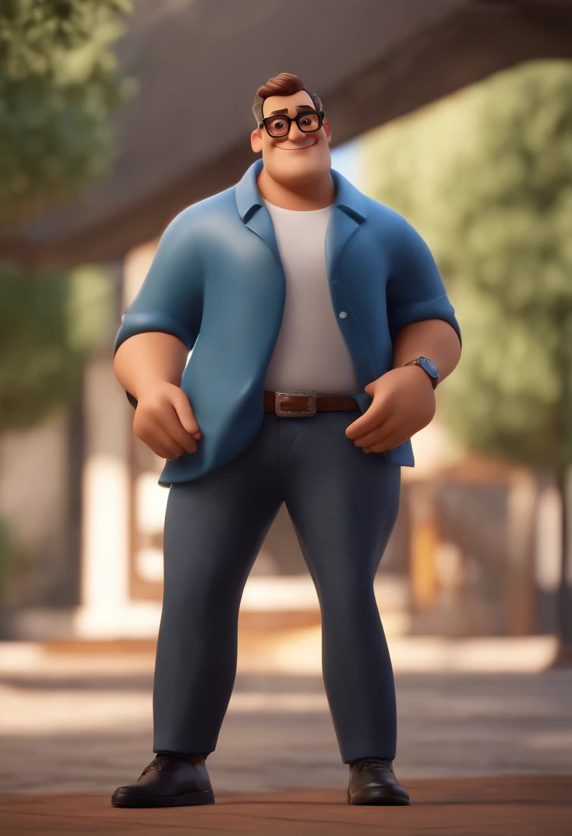 Cartoon character of a man wearing black glasses and a blue shirt, um personagem animado, Caractere estilizado, animation style rendering, 3D estilizado, Arnold Maya render, 3 d render stylized, toon render keyshot, Personagem 3D, Personagem 3D, 3d rendering stylized, 3 d character render, personagem de desenho animado, Personagem de close up, Pose de personagem, (Estilo Pixar) (master part:1.2) (Bokeh) (best quality) (pele detalhada) (textura detalhada) (8k) (argila) (Cinematic lighting) (foco nítido,Senta e vaza a parte superior do corpo