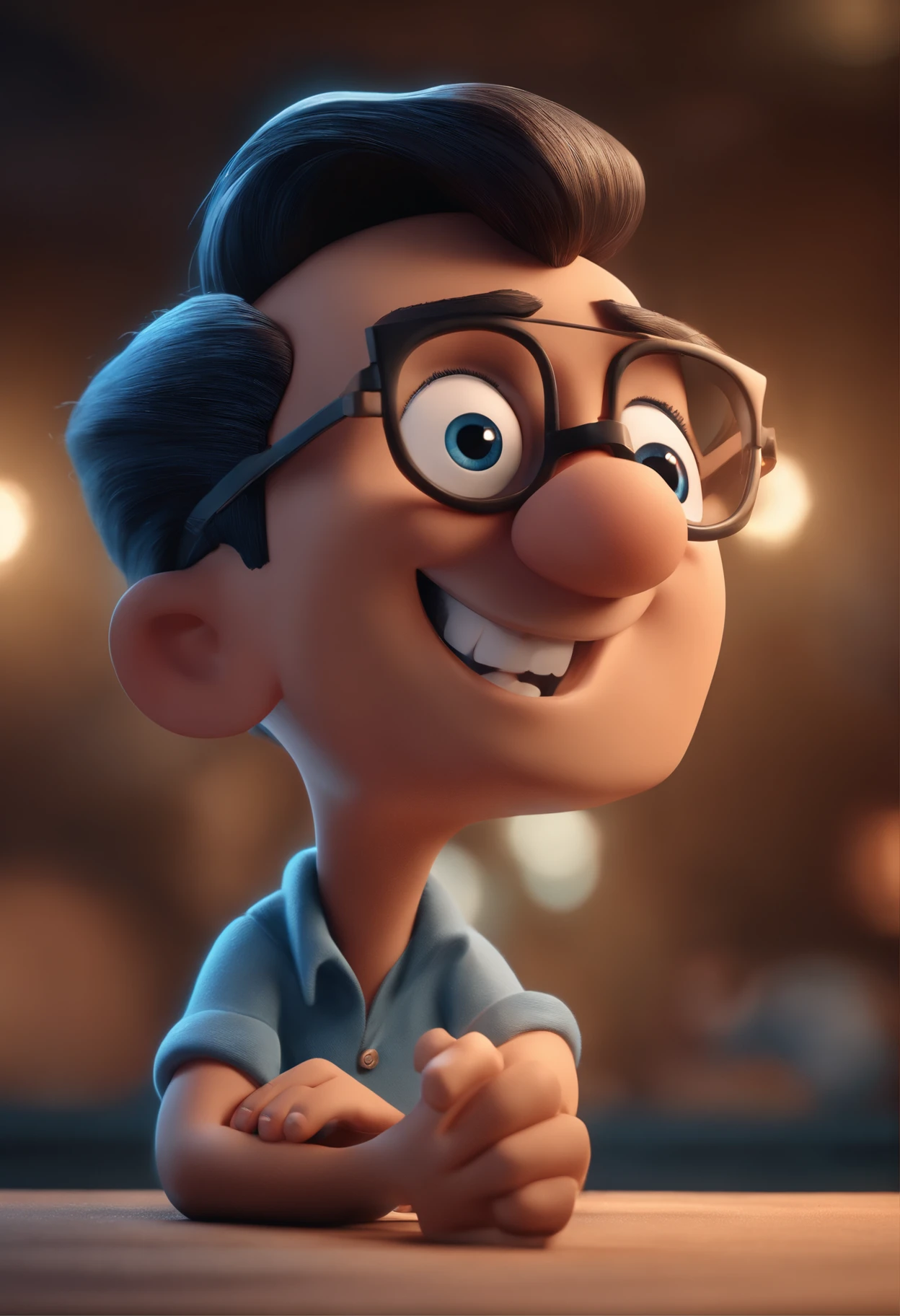 Cartoon character of a man with black glasses and a blue shirt, animation character, Caractere estilizado, animation style rendering, 3D estilizado, Arnold Maya render, 3 d render stylized, toon render keyshot, Personagem 3D, Personagem 3D, 3d rendering stylized, 3 d character render, personagem de desenho animado, Personagem de close up, Pose de personagem, (Estilo Pixar) (master part:1.2) (Bokeh) (best quality) (pele detalhada) (textura detalhada) (8k) (argila) (Cinematic lighting) (foco nítido