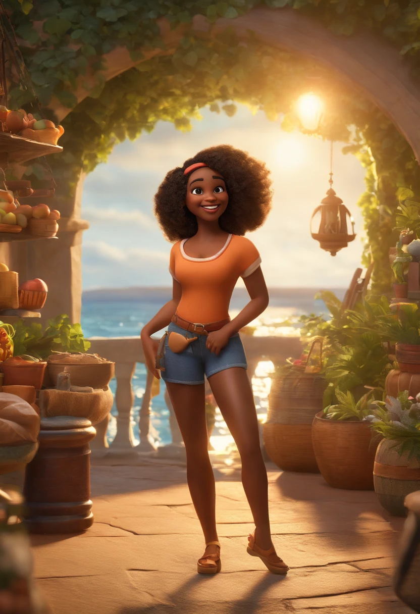 (best quality,4k,highres,masterpiece:1.2),ultra-detailed,(realistic:1.37),(HDR,UHD),vivid colors,studio lighting,(physically-based rendering),(extreme detail description),(sharp focus),3D glasses,black woman,wavy medium hair,dancing,Disney makeup,Fisherman,cute,smiling,close-up,Pixar,Disney,movie lighting.