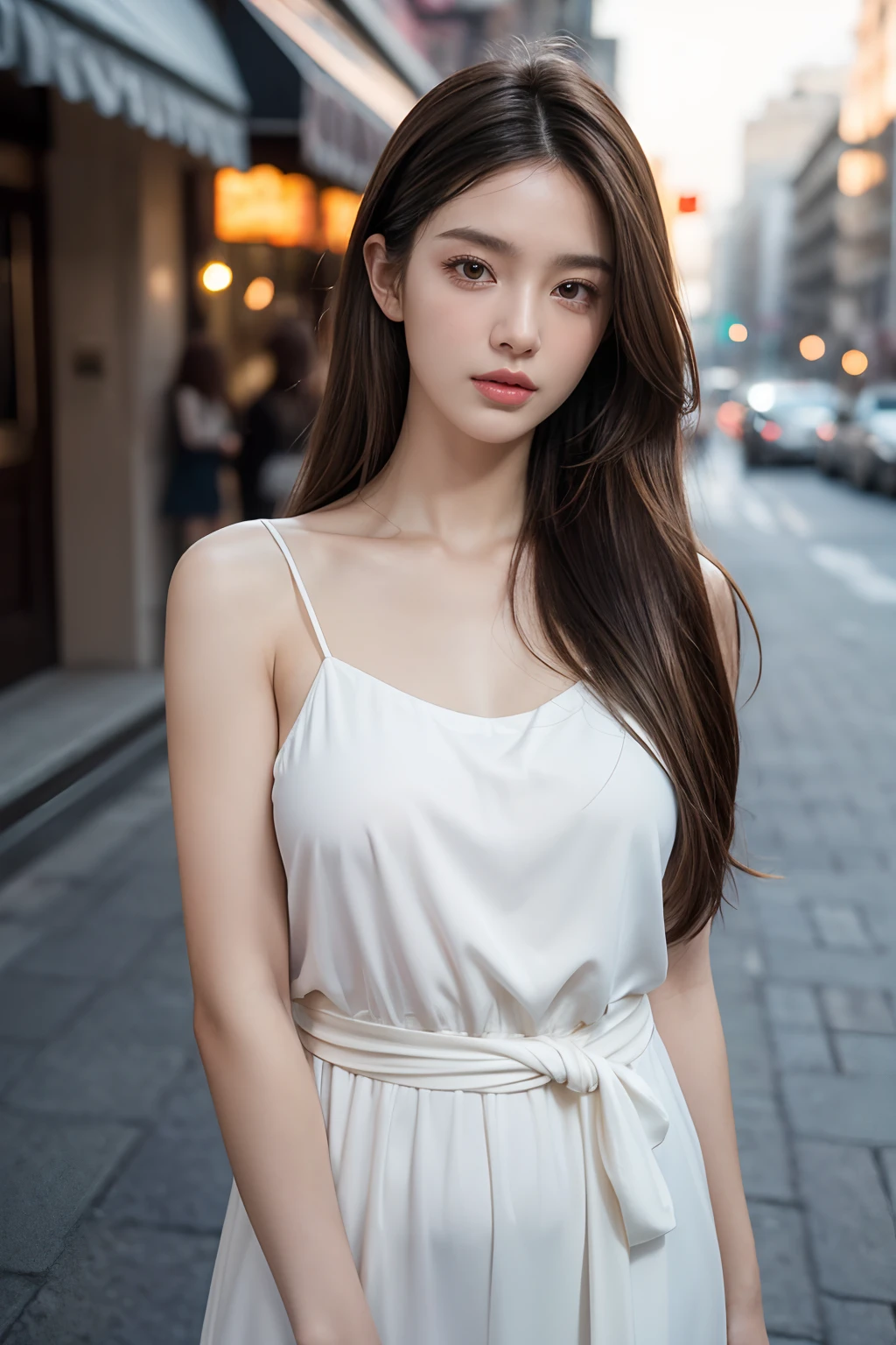 20 year old girl with long black hair, se admirando num espelho, Is in a white dress