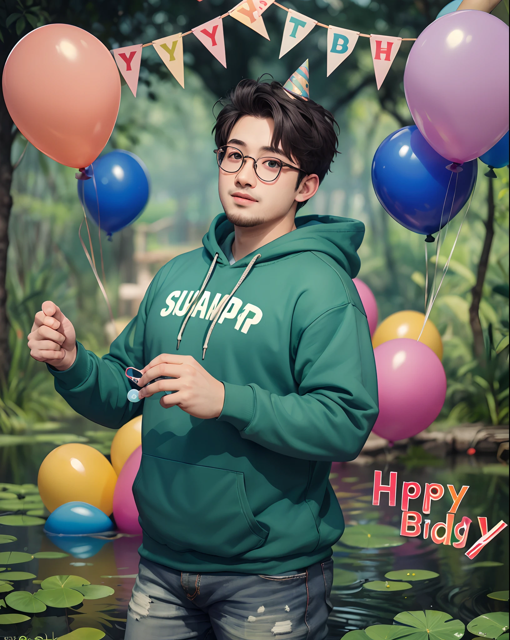 1boy, apocalyps fat boy with spectacles in hoody celebrate birthday party, Super detail and vibrant colors, Cake and candles super detailed, balloons decorations, (swamp_background:1.2)