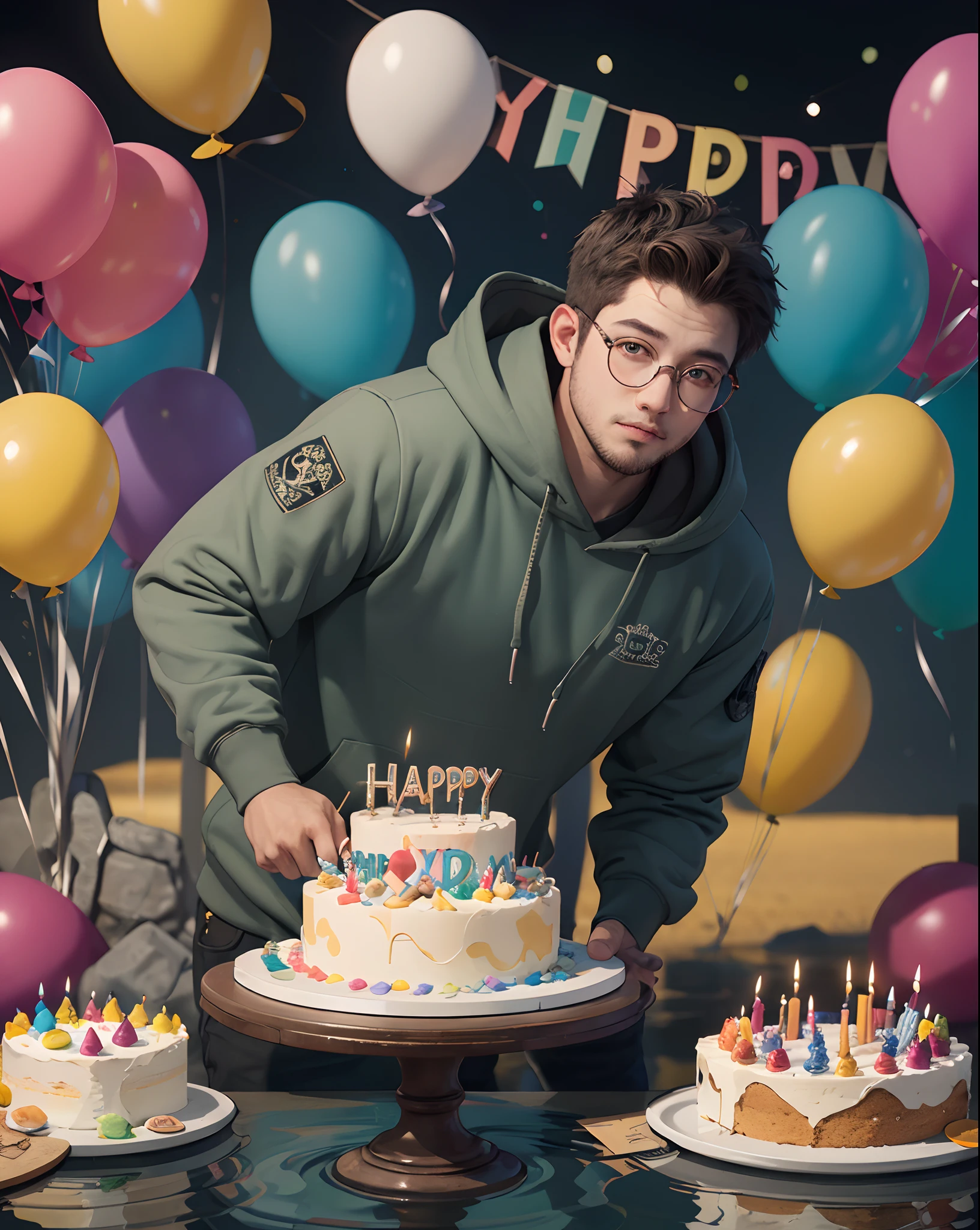 1boy, (apocalypse:1.2) fat boy with spectacles in hoody celebrate birthday party, Super detail and vibrant colors, Cake and candles super detailed, balloons decorations, (swamp_background:1.2)