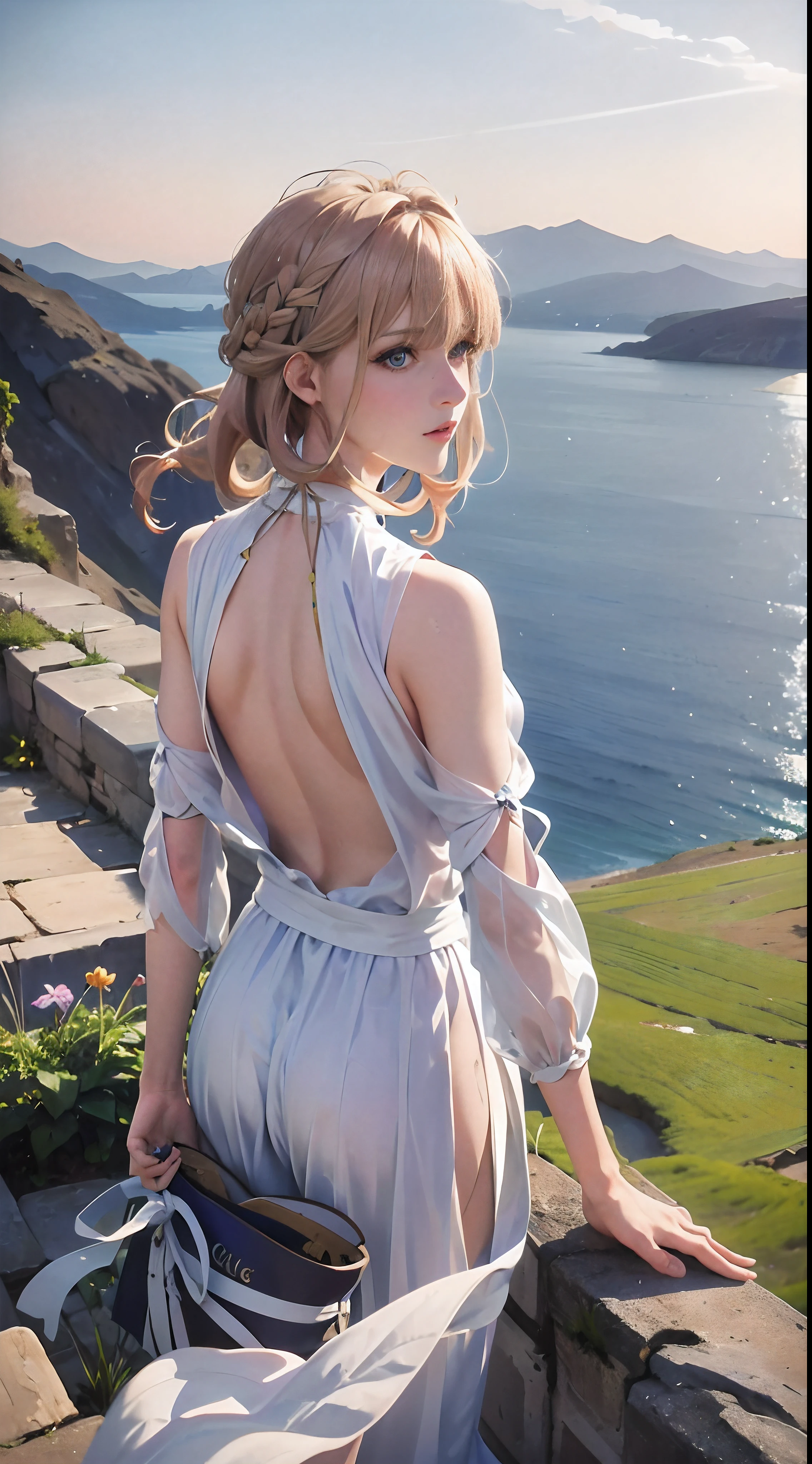 Violet, 1girll, Solo, view the viewer, Blue eyes, Blonde hair, (((Greek clothes))),,((((Bare back)))),(((looking at viewert))),(((Blue sky)))(((Large breasts)))