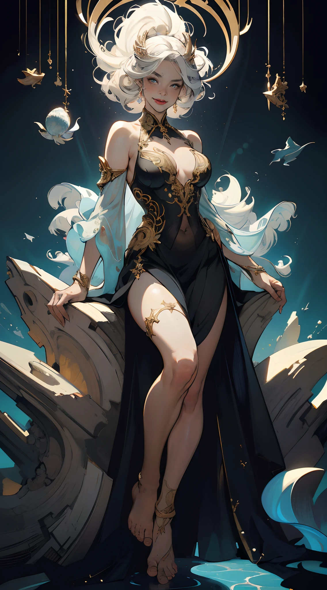 Black Woman Ahegao,Silver hair,A heartwarming smile,Thick lips,Elongated eyes,Charming eyes,(Beautiful and detailed eye description),Snow-whiteskin,mature,Redlip(Very fine and beautiful),ultra - detailed,tmasterpiece,))happy laughing,Open-mouthed,Barefoot,without wearing shoes,In the depths of the ocean,(((tmasterpiece),(Very detailed CG unity 8K wallpaper)),best qualtiy,cinmatic lighting,detailed back ground,Sexy gesture,(Correct face 1.6)(Wearing:Red slip dress,soaked pubic hair,Metal trims,Skirt,),Flowing skirt,expose arms,(Background with:Ruins of Atlantis,),(Beneath your feet:Destroyed buildings,)Deep background,Fantastic and incredible,Epic composition,(Complicated details,Hyper-detailing:1.2),art stations,(tmasterpiece,best qualtiy)surrealism, shadowing, anaglyph, stereograms, angle of view, Cinematic lighting, 8K, Super detail, ccurate, Best quality, A high resolution, Award-Awarded, Anatomically correct,Seafoam, Buble, shells, Fish, pearls,Nautilus,A plant,jelly fish,The corals,Vintage style,(zentangle,datura,Tangles,entangled), (s fractal art: 1.3),holy rays,gold foil,Gold leaf art,glitter drawing,